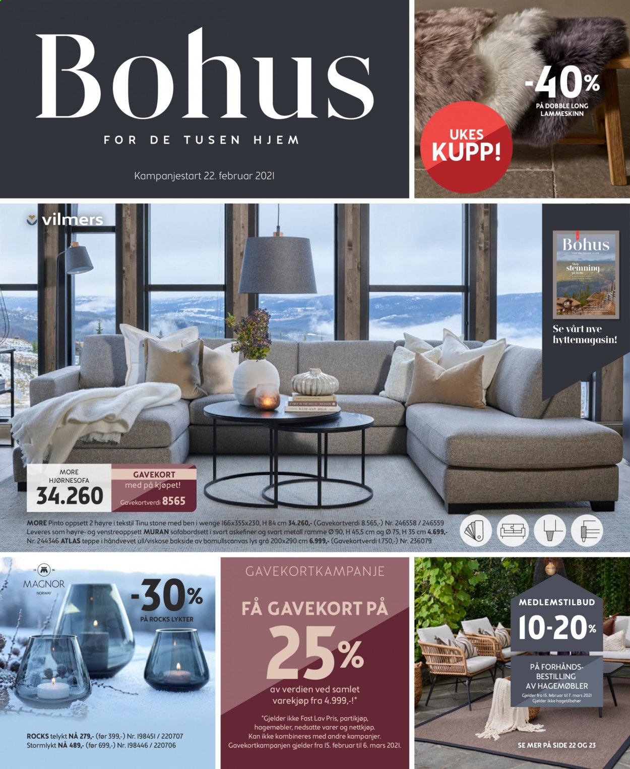thumbnail - Kundeavis Bohus - 22.2.2021 - 5.4.2021 - Produkter fra tilbudsaviser - hjørnesofa, sofa, hagemøbler, teppe. Side 1.