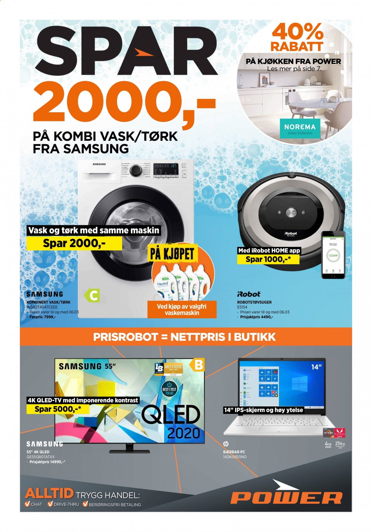 thumbnail - Kundeavis Power - 1.3.2021 - 6.3.2021 - Produkter fra tilbudsaviser - Samsung, laptop, skjerm, vaskemaskin, kombinert vask/tørk, robotstøvsuger. Side 1.