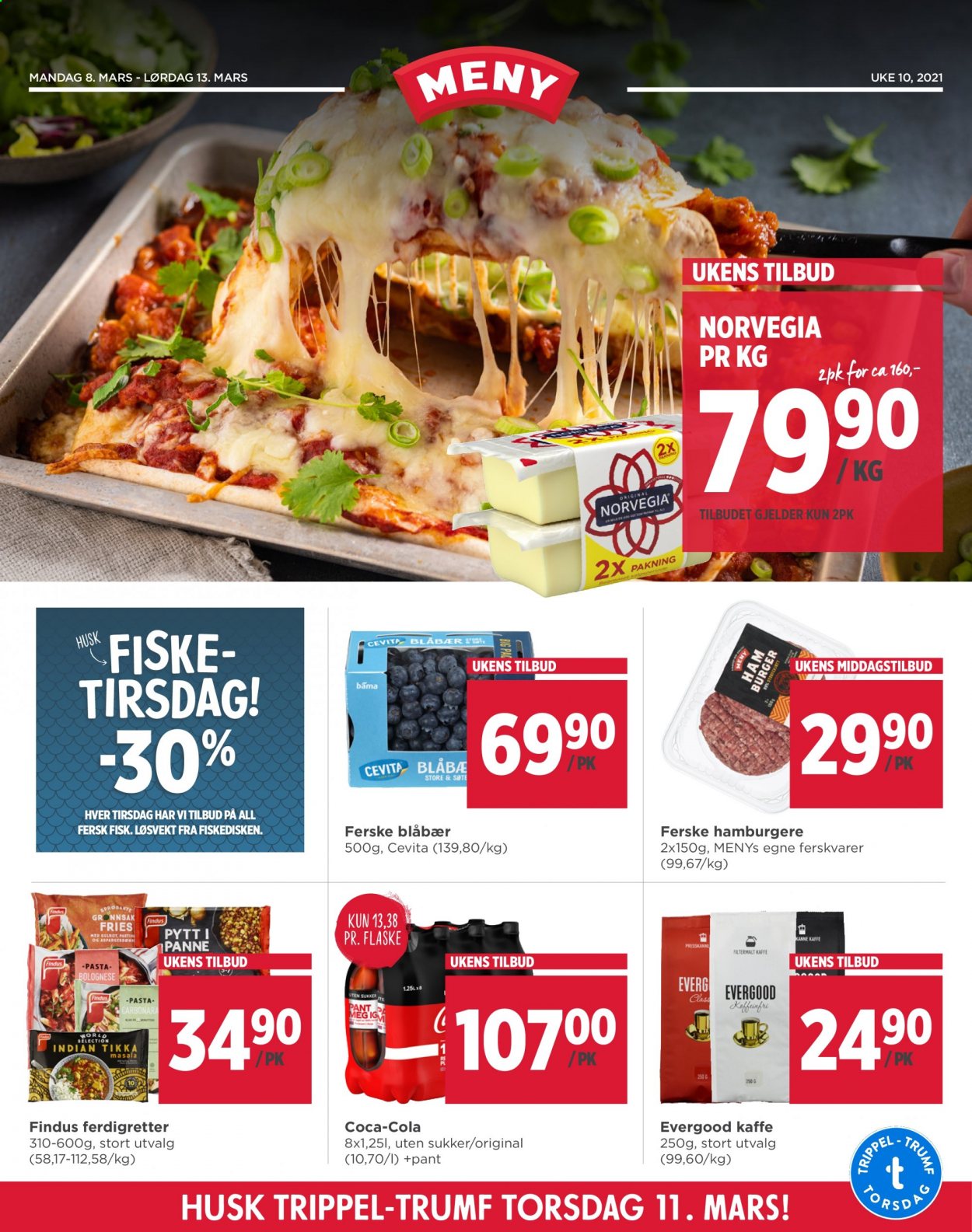thumbnail - Kundeavis MENY - 8.3.2021 - 13.3.2021 - Produkter fra tilbudsaviser - blåbær, burger, fisk, pytt i panne, Norvegia, Findus, pasta, Coca-Cola. Side 1.
