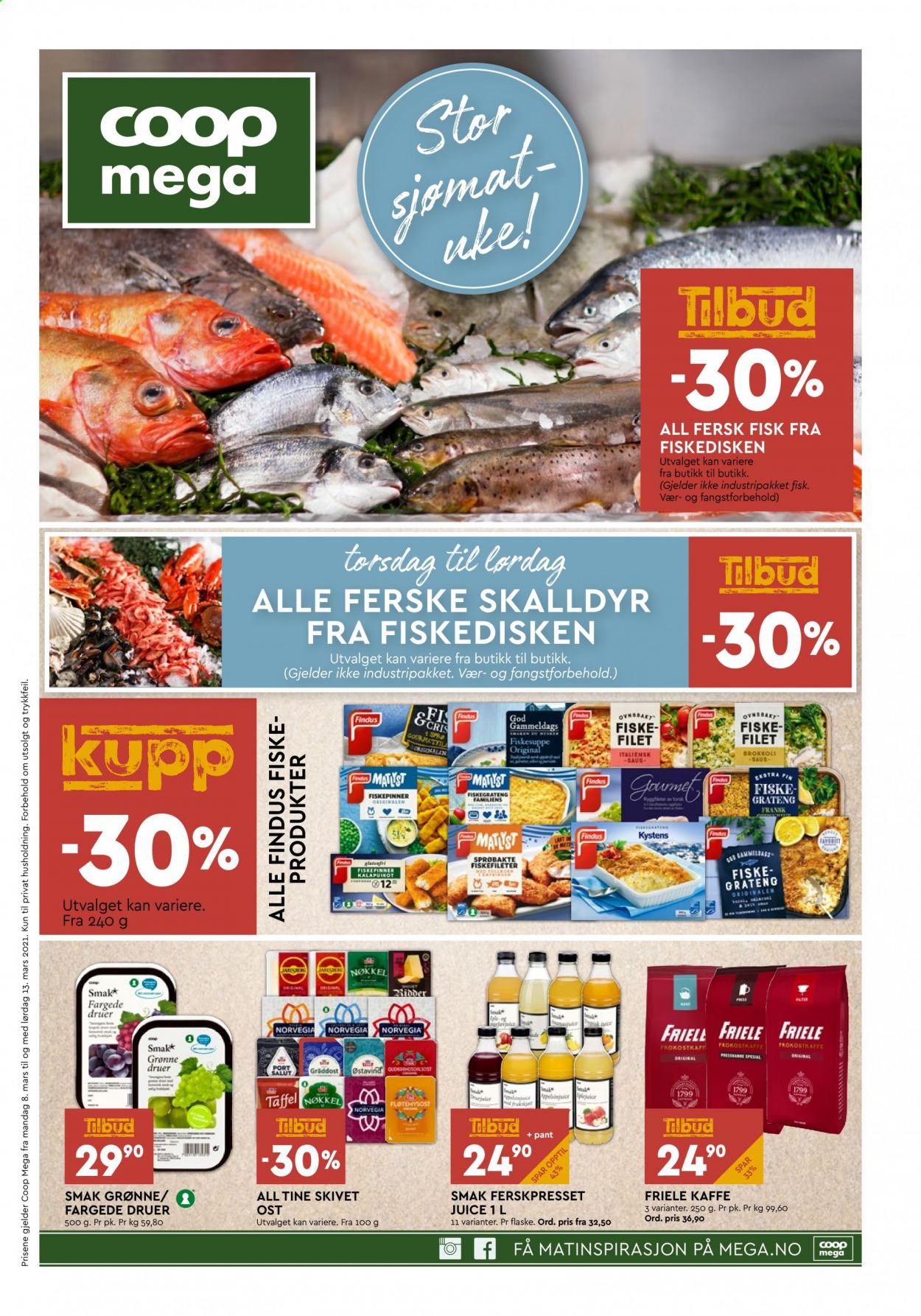 thumbnail - Kundeavis Coop Mega - 8.3.2021 - 13.3.2021 - Produkter fra tilbudsaviser - brokkoli, fisk, Norvegia, ost, Findus. Side 1.