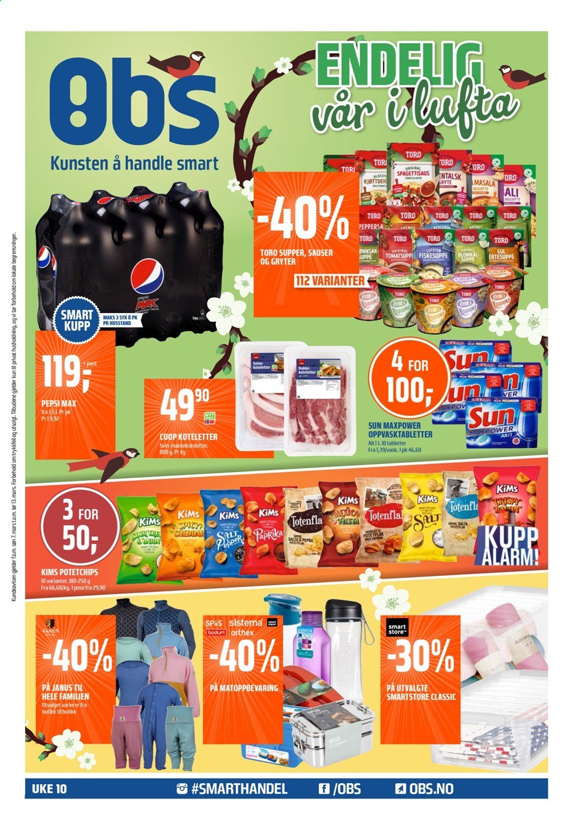 thumbnail - Kundeavis Coop Obs - 7.3.2021 - 13.3.2021 - Produkter fra tilbudsaviser - kjøttdeig, nakkekoteletter, suppe, potetchips, Pepsi, Pepsi Max, gryte. Side 1.