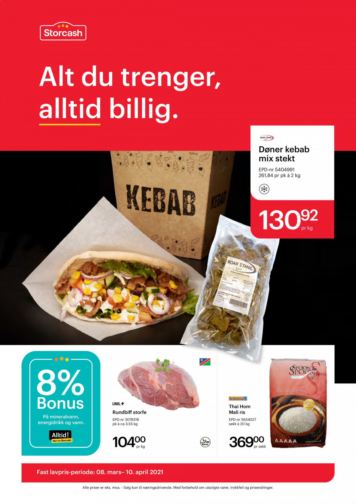 thumbnail - Kundeavis Storcash - 8.3.2021 - 10.4.2021 - Produkter fra tilbudsaviser - storfekjøtt, storfe rundbiff, kebab, ris. Side 1.