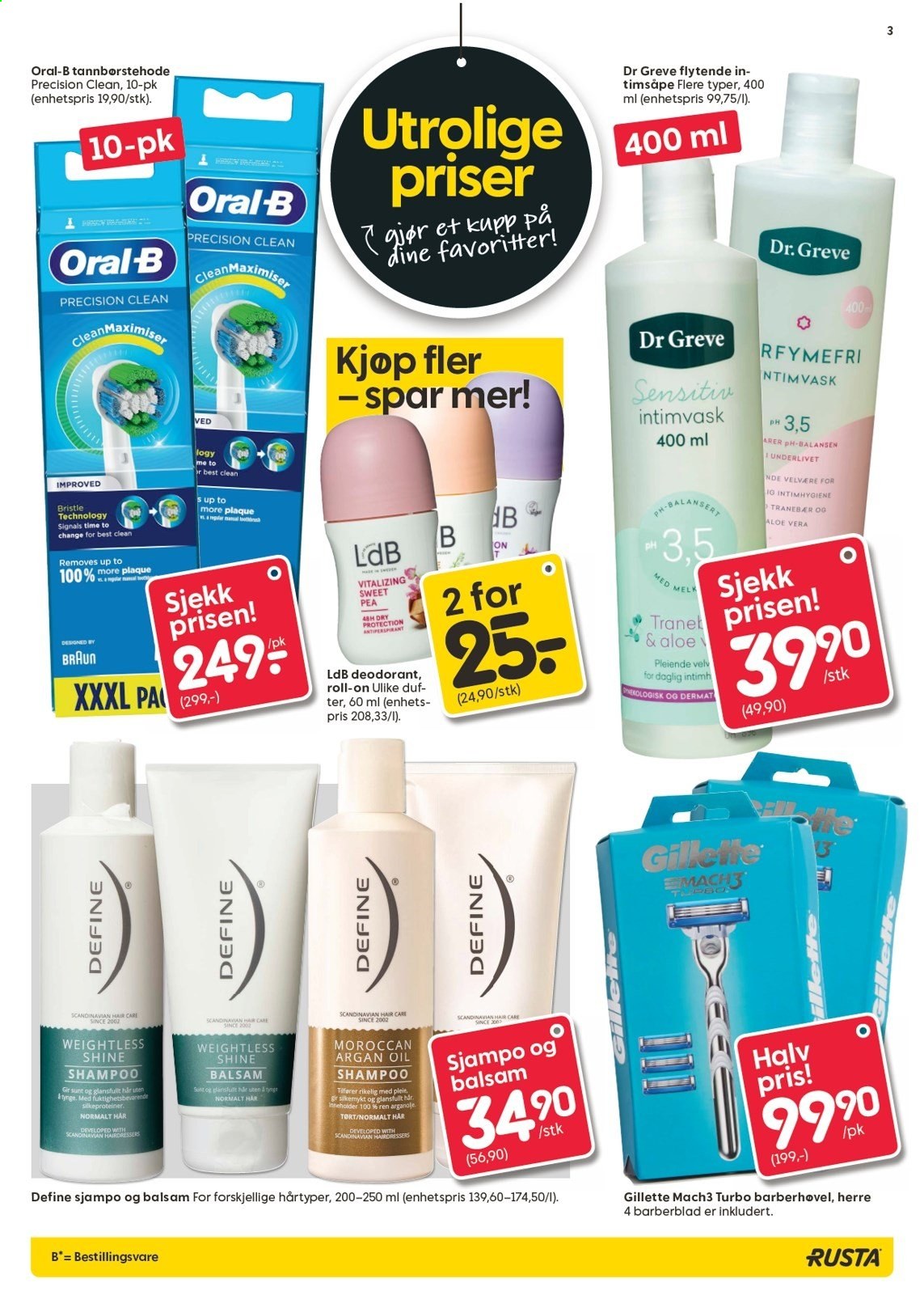 thumbnail - Kundeavis Rusta - 17.3.2021 - 23.3.2021 - Produkter fra tilbudsaviser - barberhøvel, Gillette, Dr Greve, Define, shampoo, Oral-b, intimvask, roll-on, deodorant. Side 3.