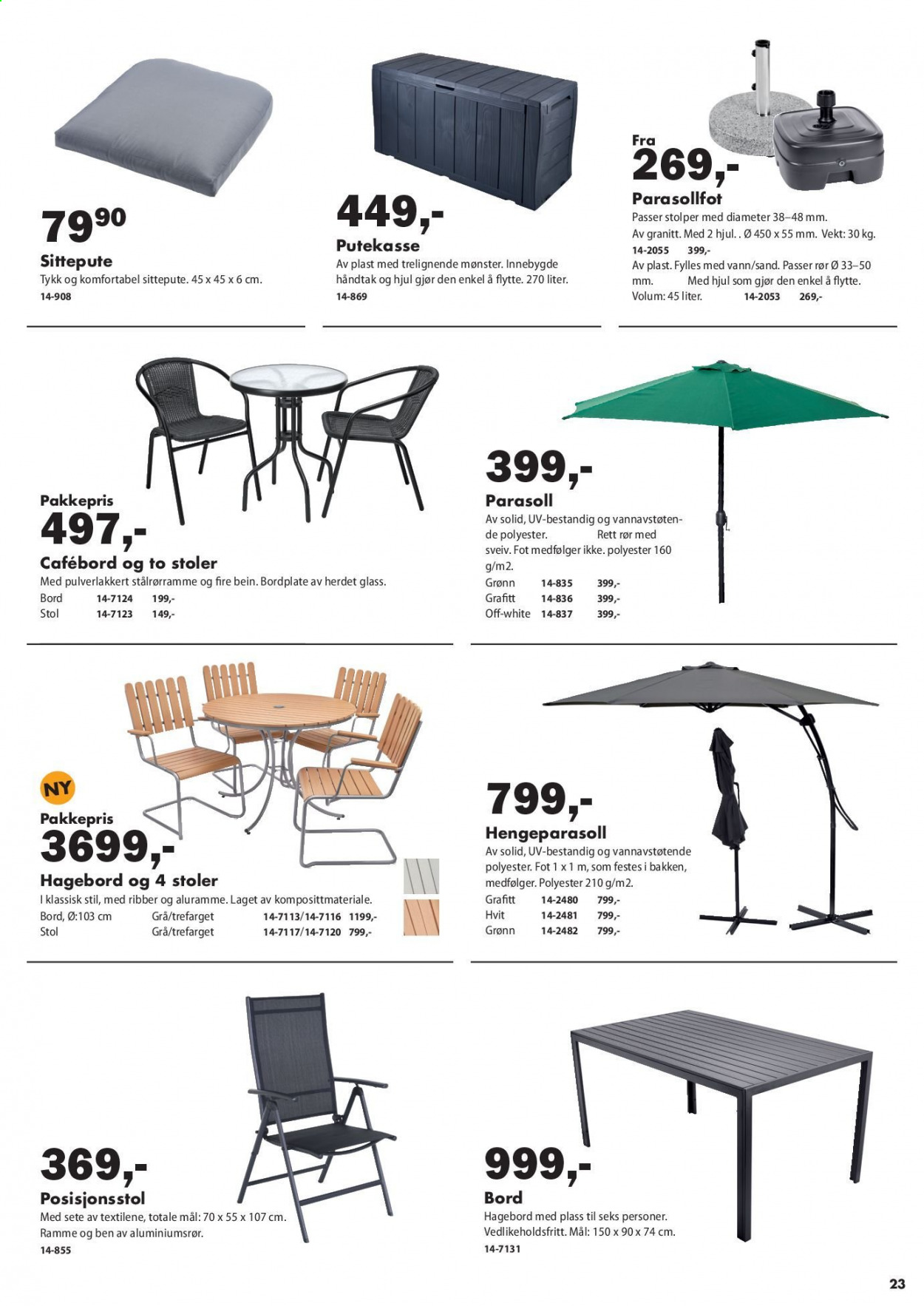 thumbnail - Kundeavis Biltema - Produkter fra tilbudsaviser - bord, utebord, stol, putekasse, parasoll. Side 23.