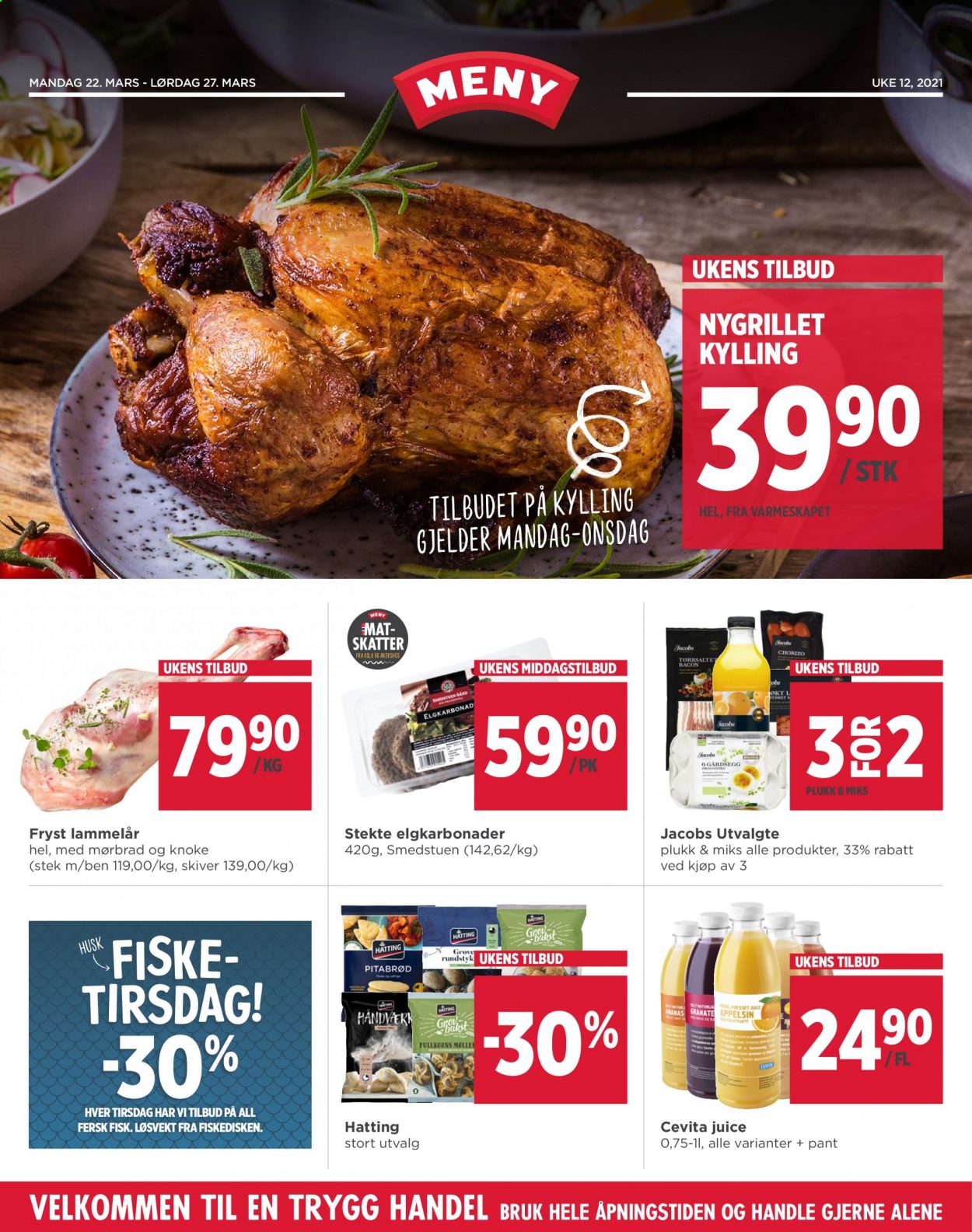 thumbnail - Kundeavis MENY - 22.3.2021 - 27.3.2021 - Produkter fra tilbudsaviser - lammekjøtt, lammelår, pitabrød, fisk, bacon, chorizo. Side 1.