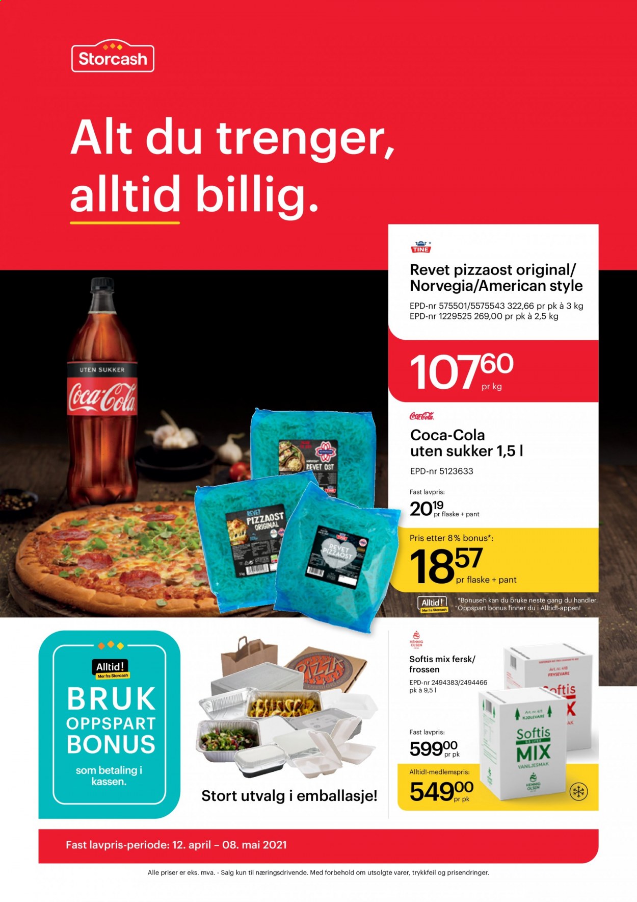 thumbnail - Kundeavis Storcash - 12.4.2021 - 8.5.2021 - Produkter fra tilbudsaviser - Norvegia, ost, Coca-Cola. Side 1.