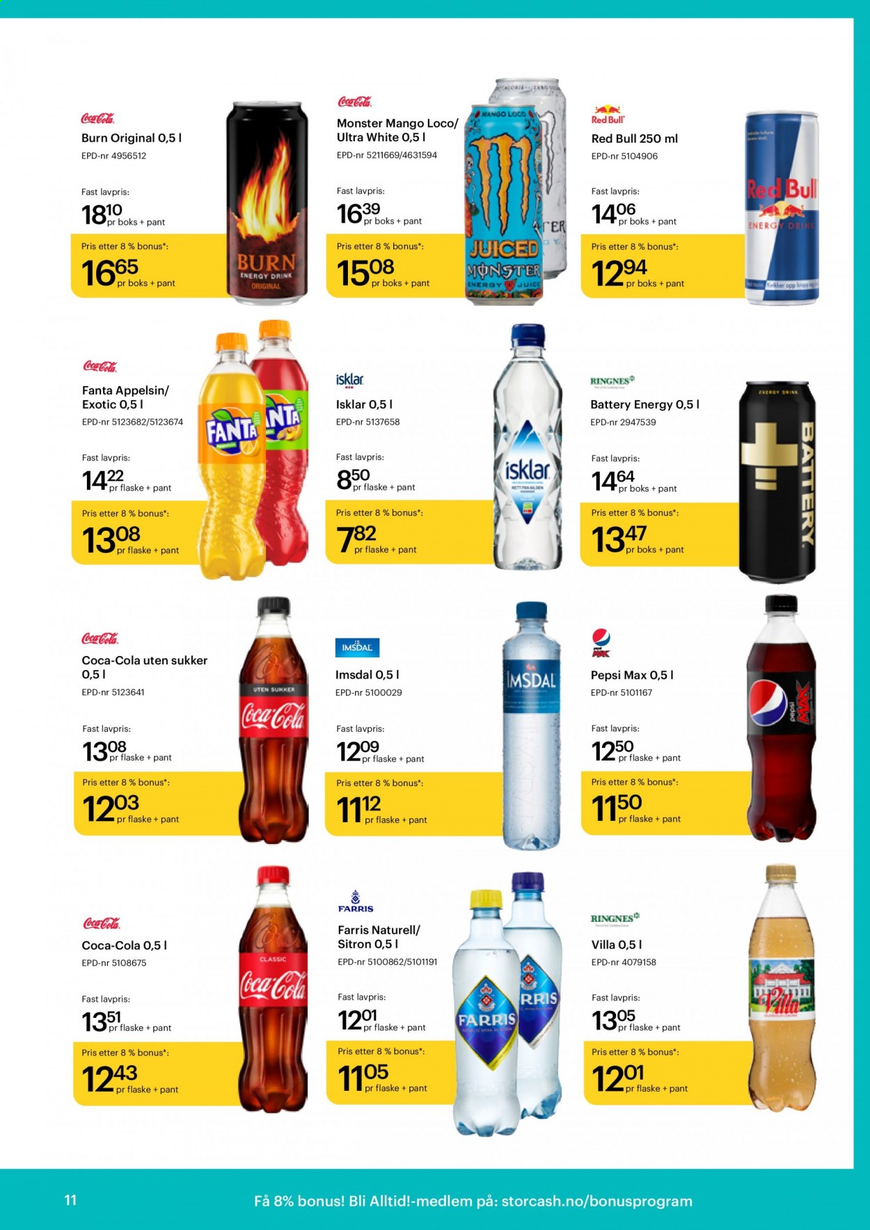 thumbnail - Kundeavis Storcash - 12.4.2021 - 8.5.2021 - Produkter fra tilbudsaviser - Fanta, Pepsi, Red Bull, Coca-Cola, Pepsi Max. Side 11.