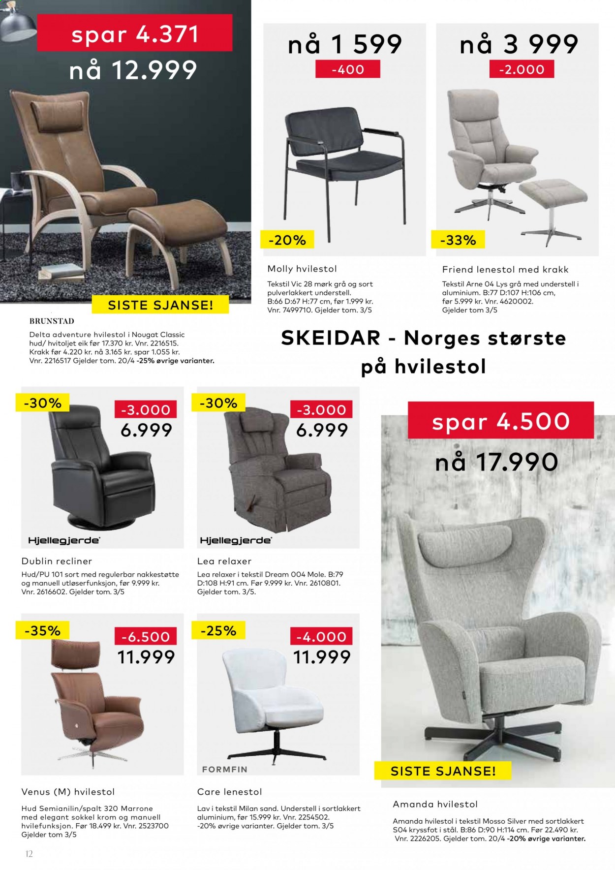 thumbnail - Kundeavis Skeidar - 14.4.2021 - 20.4.2021 - Produkter fra tilbudsaviser - stol, hvilestol, lenestol. Side 12.