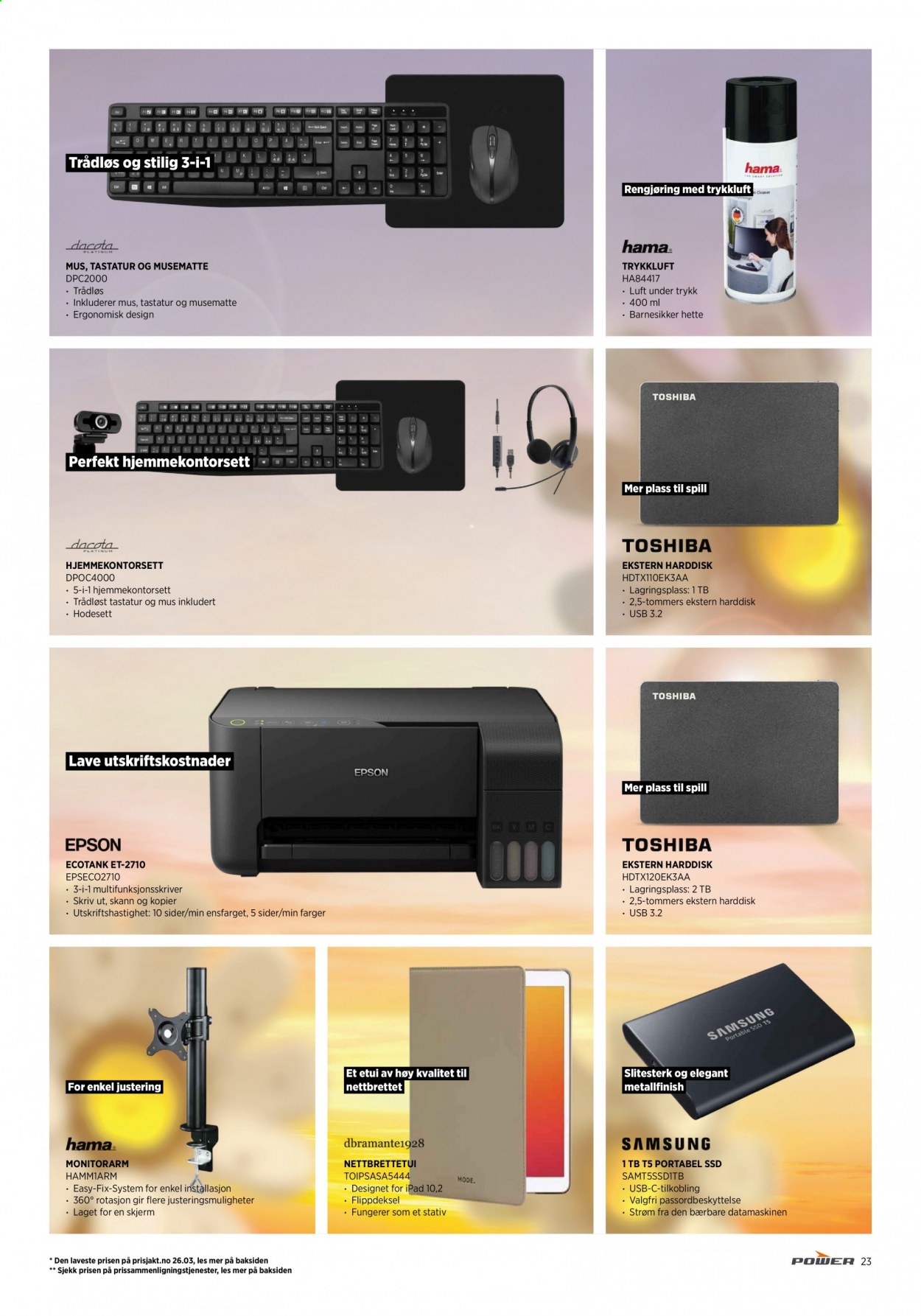 thumbnail - Kundeavis Power - 15.4.2021 - 24.4.2021 - Produkter fra tilbudsaviser - Samsung, IPad, Dacota, musematte, ekstern harddisk, tastatur, skjerm, stativ, multifunksjonsskriver. Side 23.