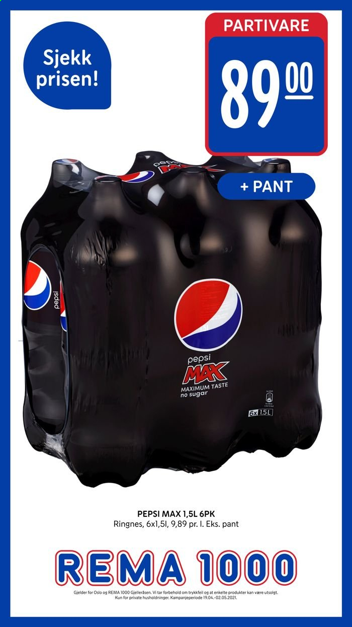 thumbnail - Kundeavis Rema 1000 - 19.4.2021 - 2.5.2021 - Produkter fra tilbudsaviser - Pepsi, Pepsi Max. Side 2.