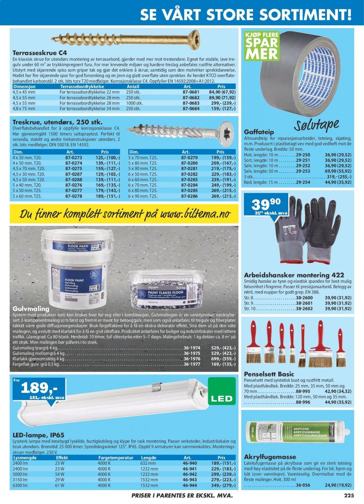 thumbnail - Kundeavis Biltema - Produkter fra tilbudsaviser - gulvmaling, lampe, gulv, skruer, hansker. Side 225.