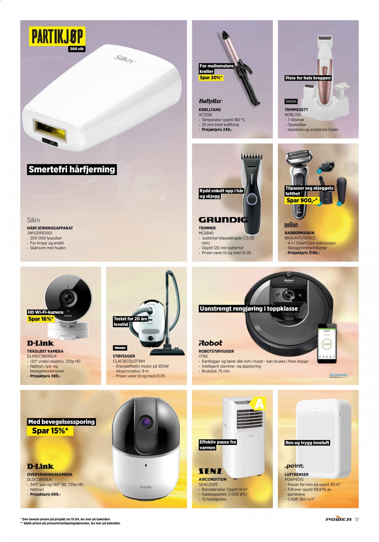 thumbnail - Kundeavis Power - 26.4.2021 - 1.5.2021 - Produkter fra tilbudsaviser - kamera, D-Link, overvåkningskamera, ladestasjon, Miele, støvsuger, robotstøvsuger, trimmer, barbermaskin, krølltang, luftrenser. Side 17.