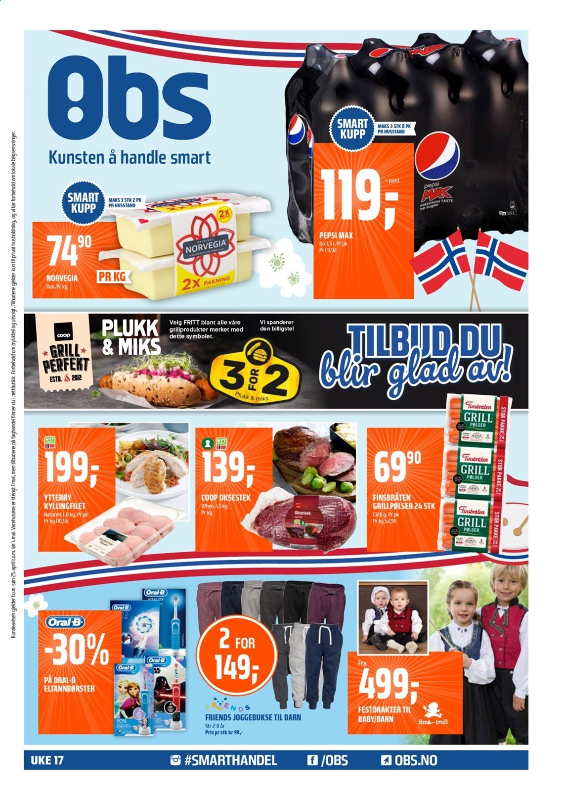 thumbnail - Kundeavis Coop Obs - 25.4.2021 - 1.5.2021 - Produkter fra tilbudsaviser - kyllingfilet, kyllingkjøtt, oksestek, Norvegia, grillpølse, Pepsi, Pepsi Max, Oral-b, joggebukse. Side 1.
