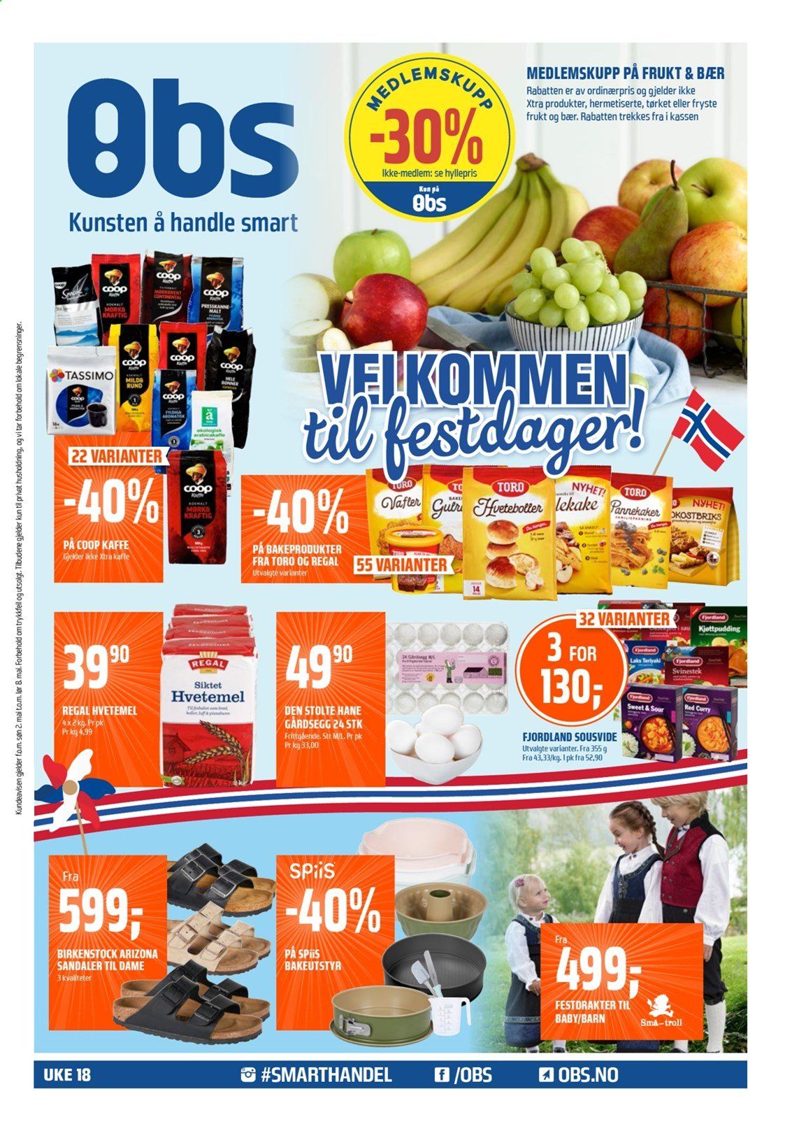 thumbnail - Kundeavis Coop Obs - 2.5.2021 - 8.5.2021 - Produkter fra tilbudsaviser - kjøttpudding, Fjordland, hvetemel, curry, Birkenstock, sandal. Side 1.