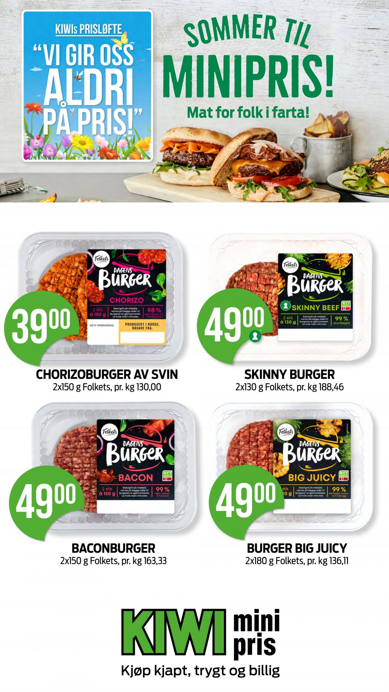 thumbnail - Kundeavis KIWI - 3.5.2021 - 9.5.2021 - Produkter fra tilbudsaviser - burger, baconburger, bacon, chorizo. Side 4.
