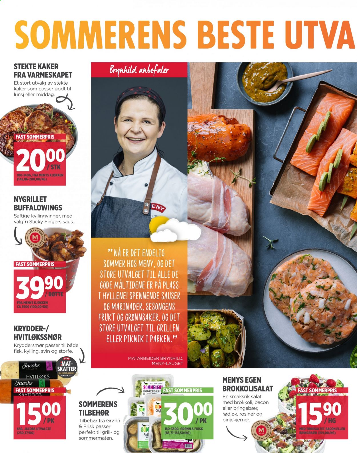 thumbnail - Kundeavis MENY - 6.5.2021 - 8.5.2021 - Produkter fra tilbudsaviser - bringebær, kyllingvinger, kyllingkjøtt, salat, fisk, bacon, rosiner. Side 4.