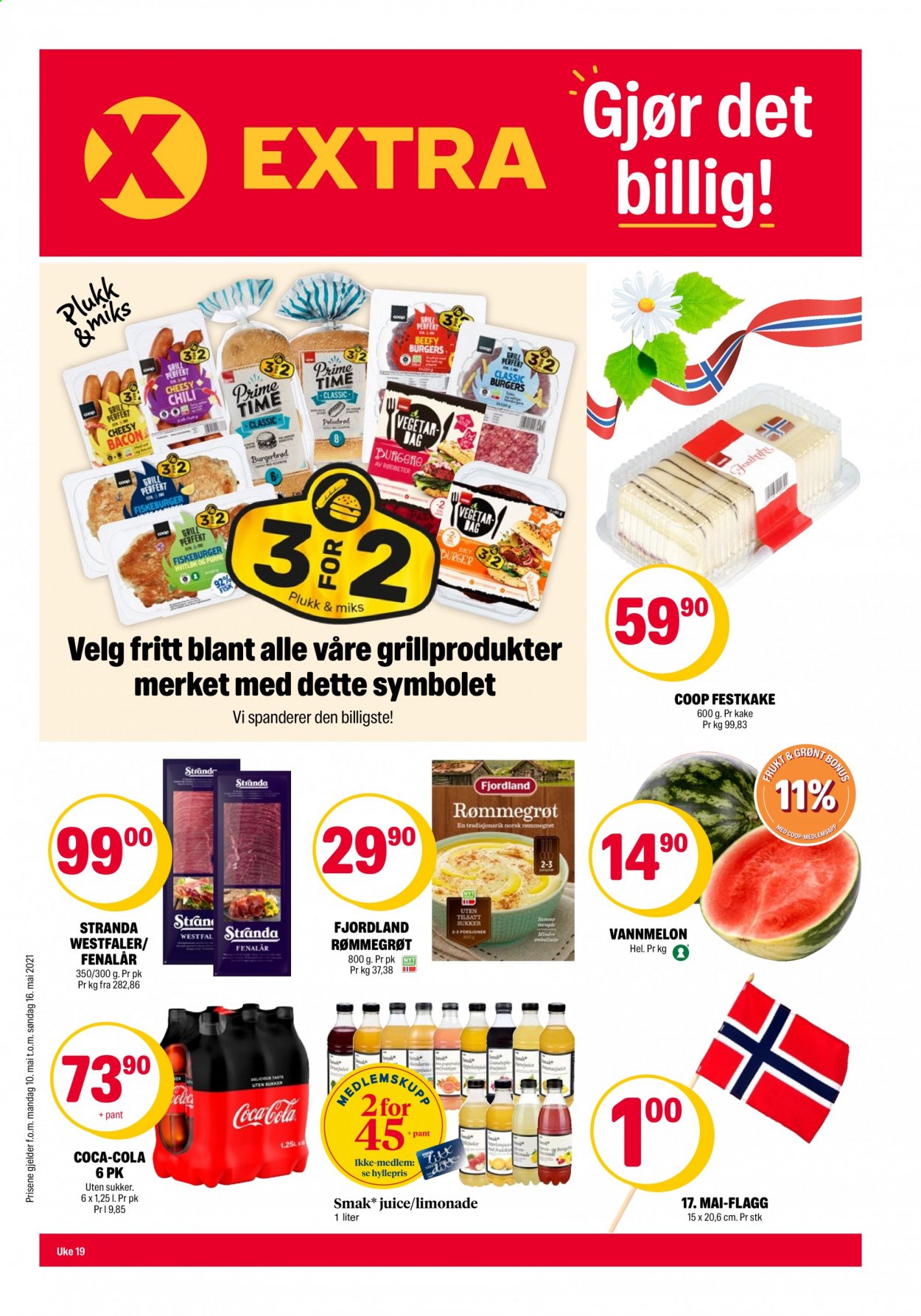 thumbnail - Kundeavis Coop Extra - 10.5.2021 - 16.5.2021 - Produkter fra tilbudsaviser - burger, hvitløk, fisk, bacon, fenalår, Fjordland, Coca-Cola. Side 1.