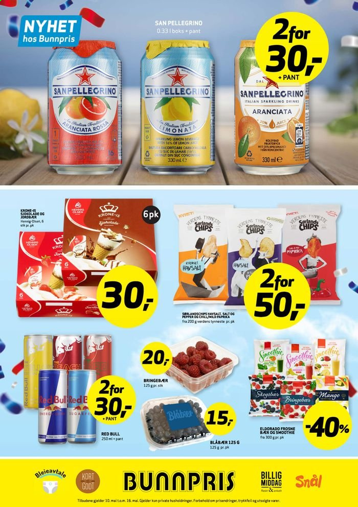 thumbnail - Kundeavis Bunnpris - 10.5.2021 - 16.5.2021 - Produkter fra tilbudsaviser - blåbær, sjokolade, chips, Red Bull, smoothie. Side 12.