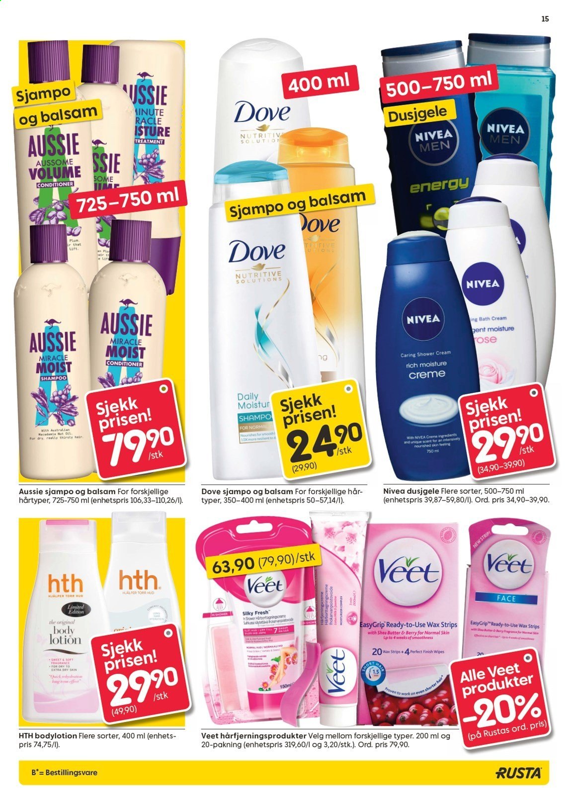 thumbnail - Kundeavis Rusta - 24.5.2021 - 26.5.2021 - Produkter fra tilbudsaviser - Nivea, Aussie, conditioner, shampoo, body lotion. Side 15.
