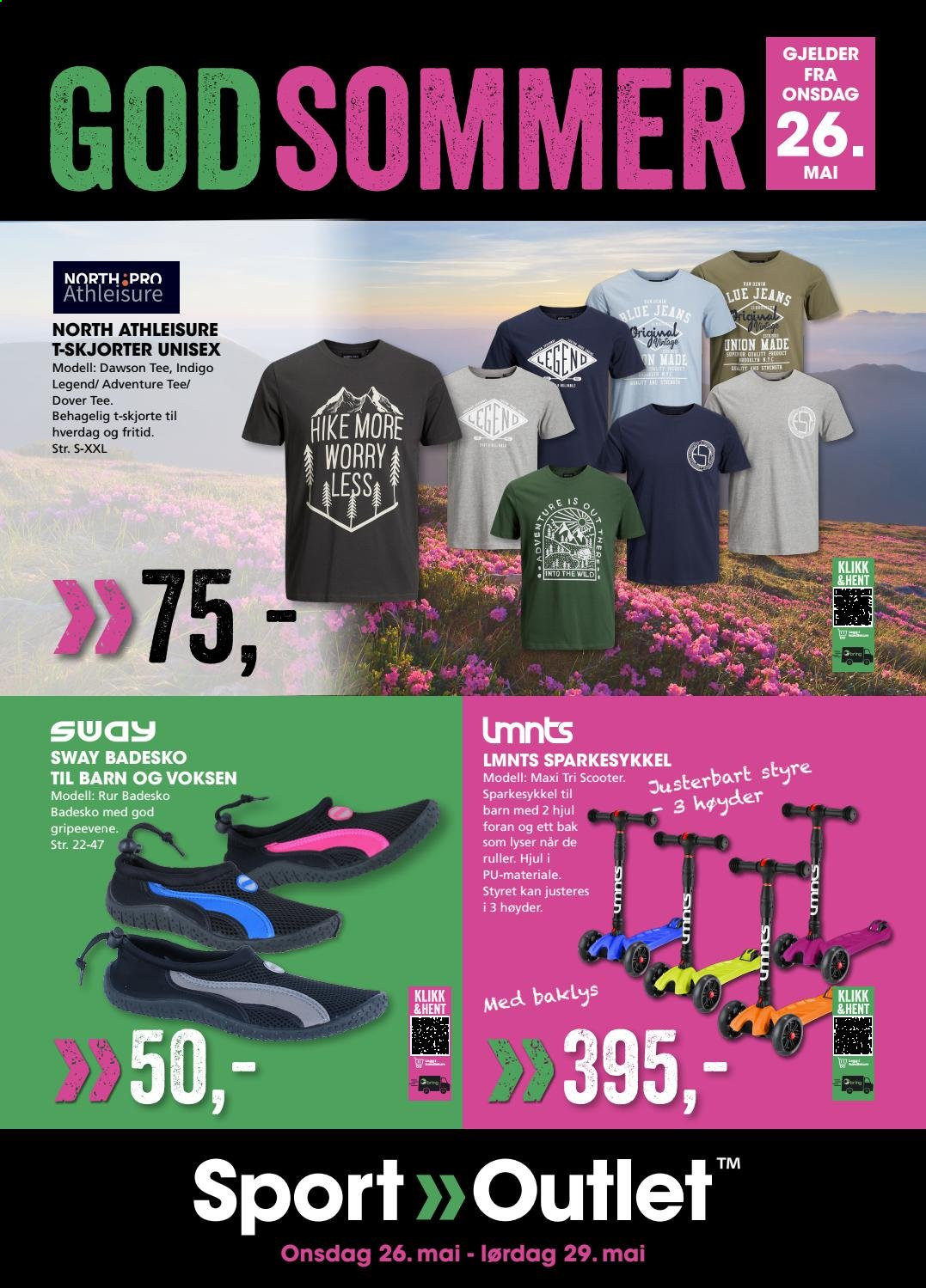 thumbnail - Kundeavis Sport Outlet - 26.5.2021 - 29.5.2021 - Produkter fra tilbudsaviser - jeans, t-skjorte, skjorte, lue, sparkesykkel. Side 1.
