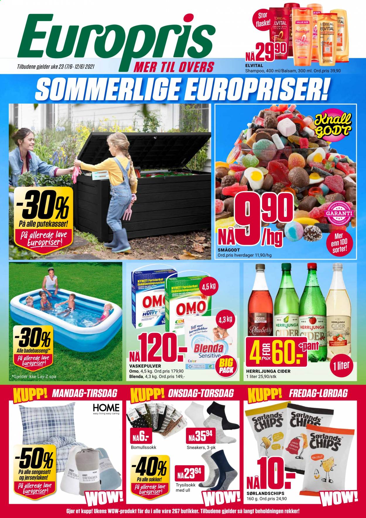 thumbnail - Kundeavis Europris - 7.6.2021 - 12.6.2021 - Produkter fra tilbudsaviser - L’Oréal, chips, cider, Omo, vaskepulver, Elvital, shampoo, sneakers. Side 1.