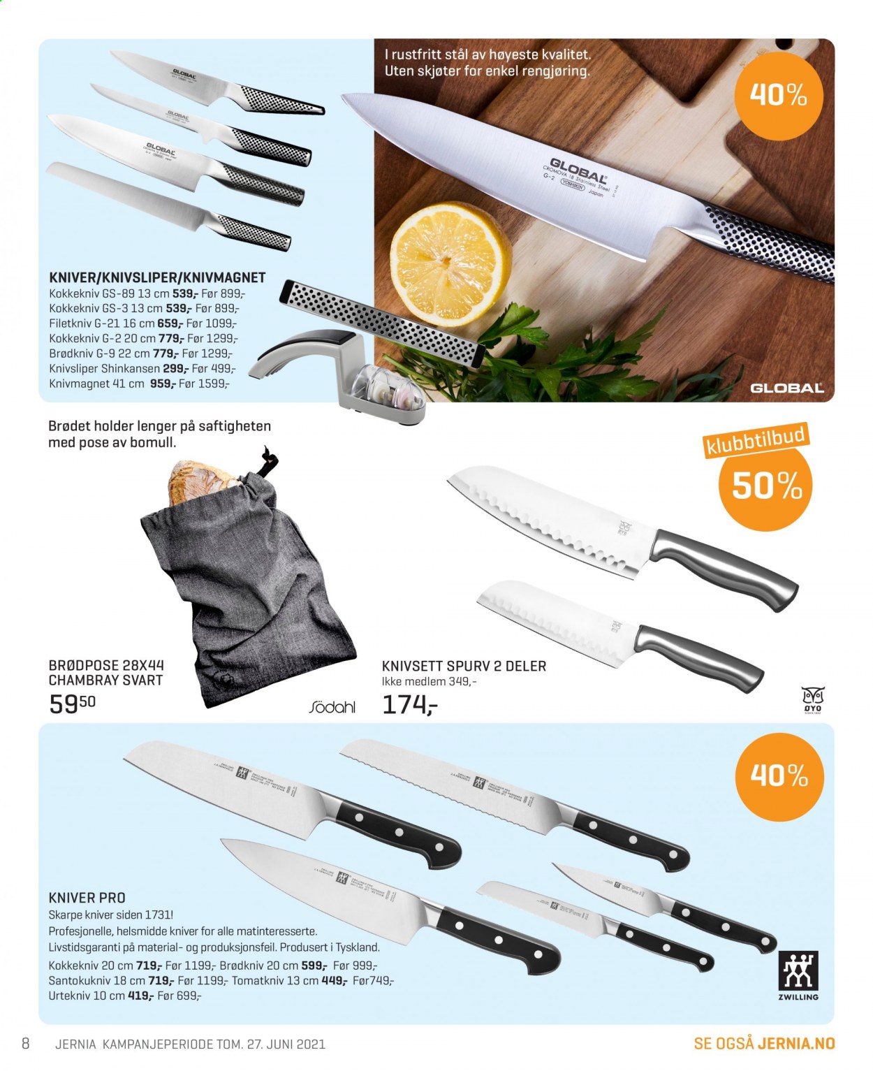 thumbnail - Kundeavis Jernia - 8.6.2021 - 27.6.2021 - Produkter fra tilbudsaviser - kniv, kokkekniv. Side 8.