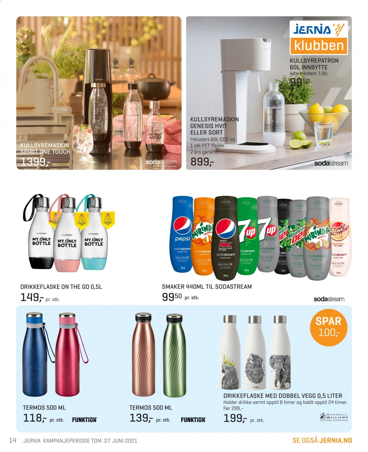 thumbnail - Kundeavis Jernia - 8.6.2021 - 27.6.2021 - Produkter fra tilbudsaviser - drikkeflaske, Sodastream. Side 14.