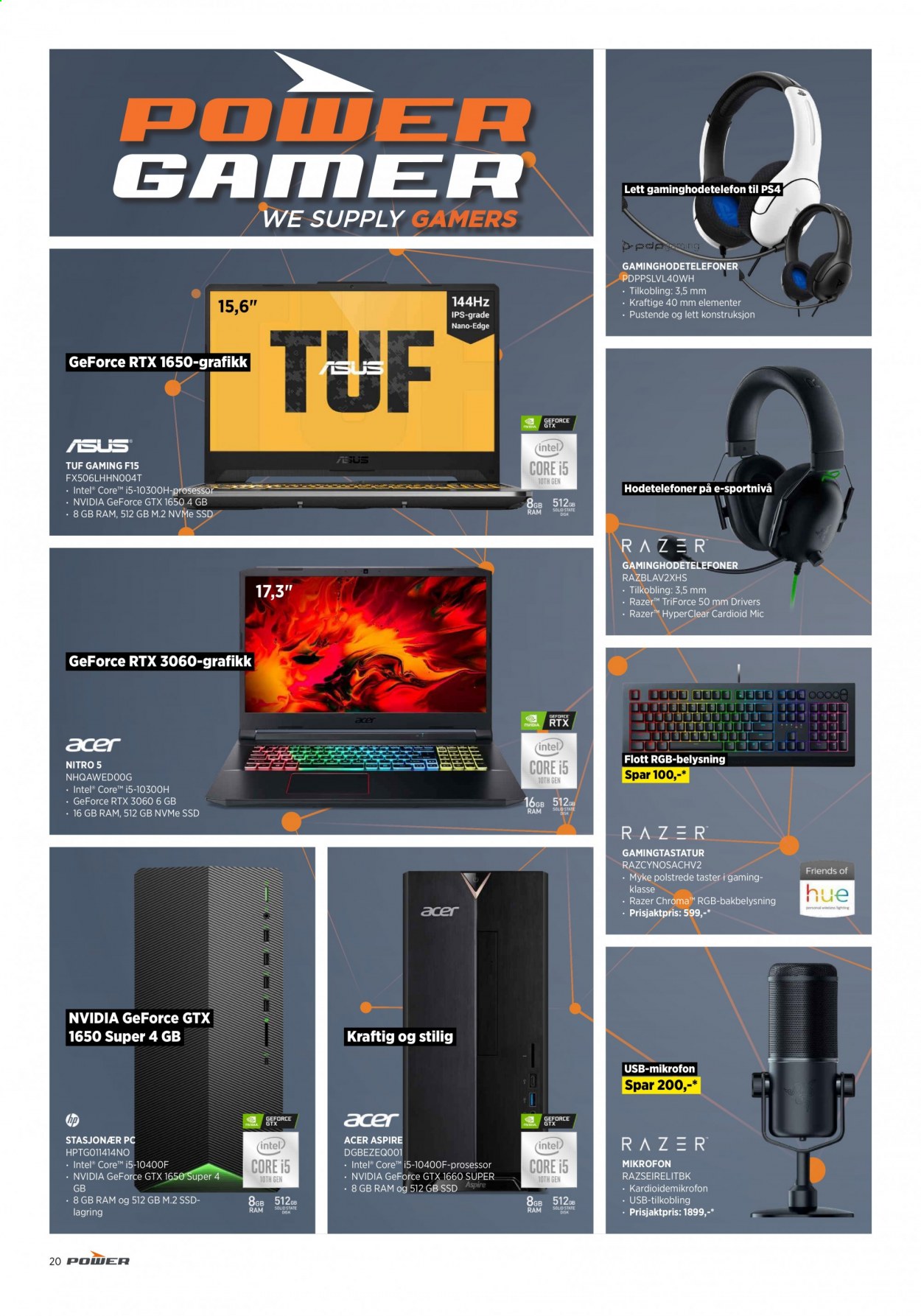 thumbnail - Kundeavis Power - 12.6.2021 - 26.6.2021 - Produkter fra tilbudsaviser - Acer, Asus, HP, stasjonær PC, gamingtastatur, Razer, tastatur, mikrofon. Side 20.