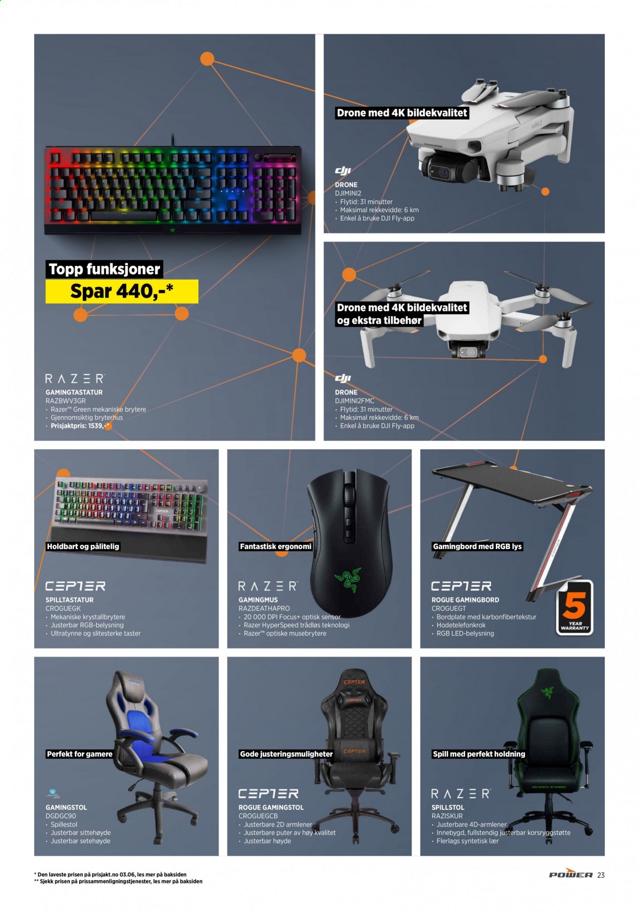 thumbnail - Kundeavis Power - 12.6.2021 - 26.6.2021 - Produkter fra tilbudsaviser - drone, gamingmus, gamingtastatur, Razer, tastatur, gamingstol, gamingbord. Side 23.