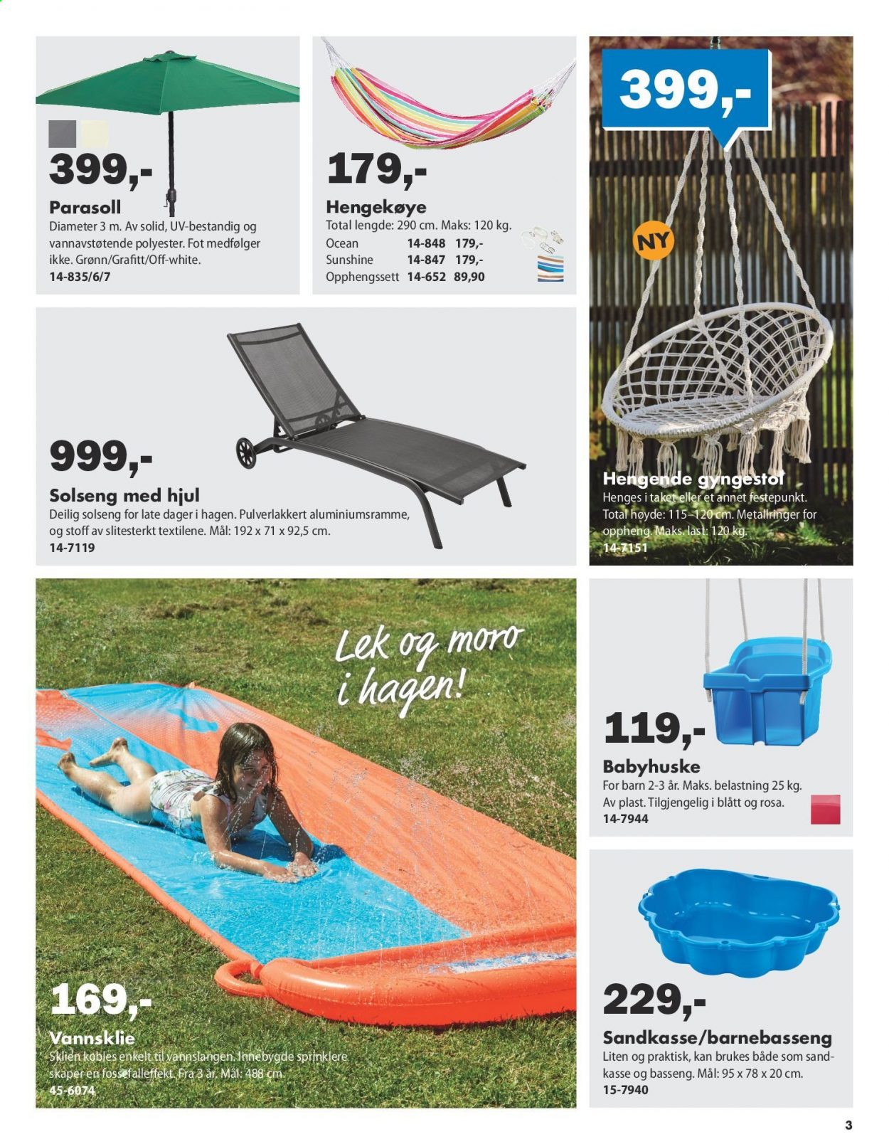 thumbnail - Kundeavis Biltema - 14.6.2021 - 20.6.2021 - Produkter fra tilbudsaviser - solseng, parasoll, barnebasseng, hengekøye. Side 3.