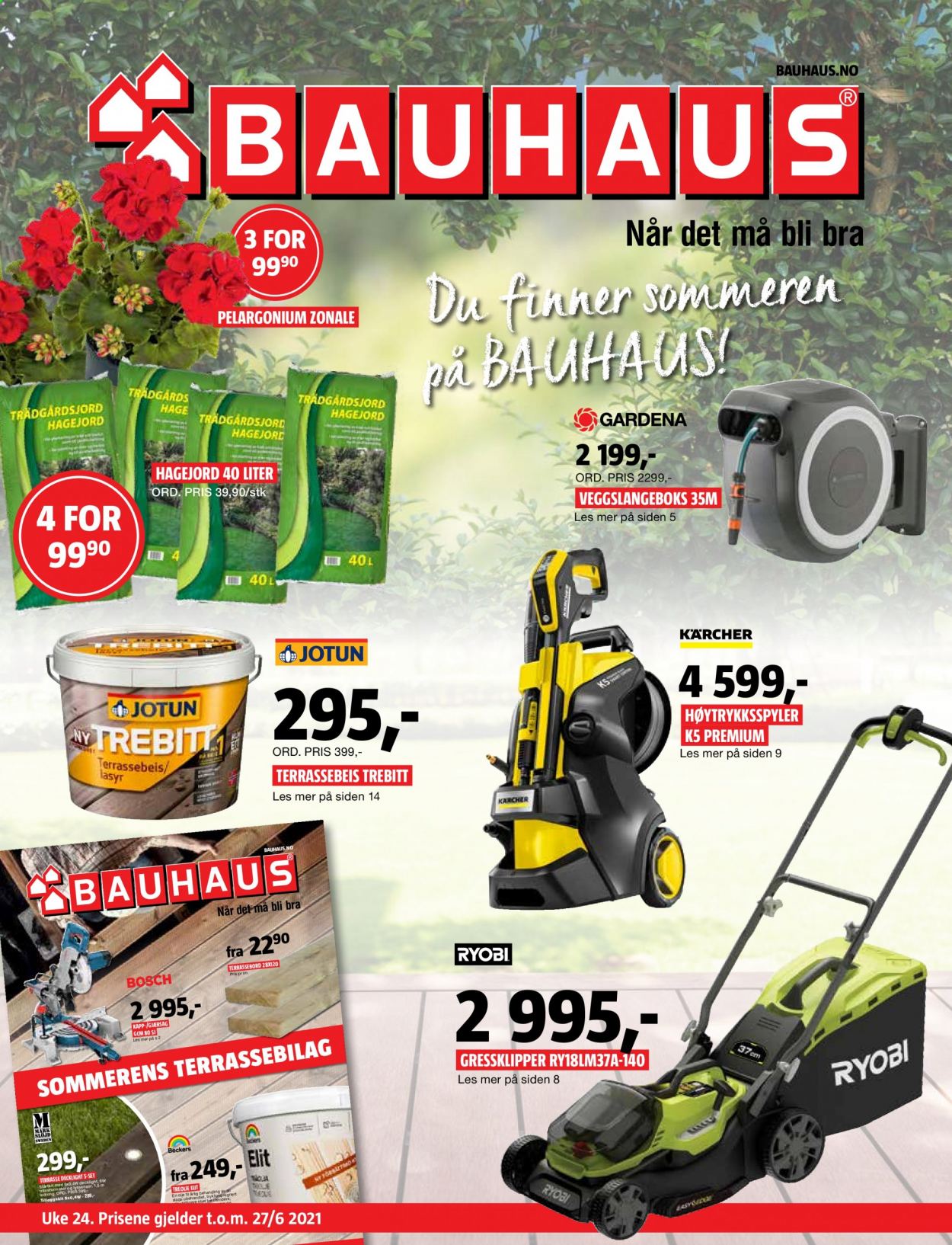thumbnail - Kundeavis Bauhaus - 15.6.2021 - 27.6.2021 - Produkter fra tilbudsaviser - hagemøbler, gjærsag, gressklipper. Side 1.