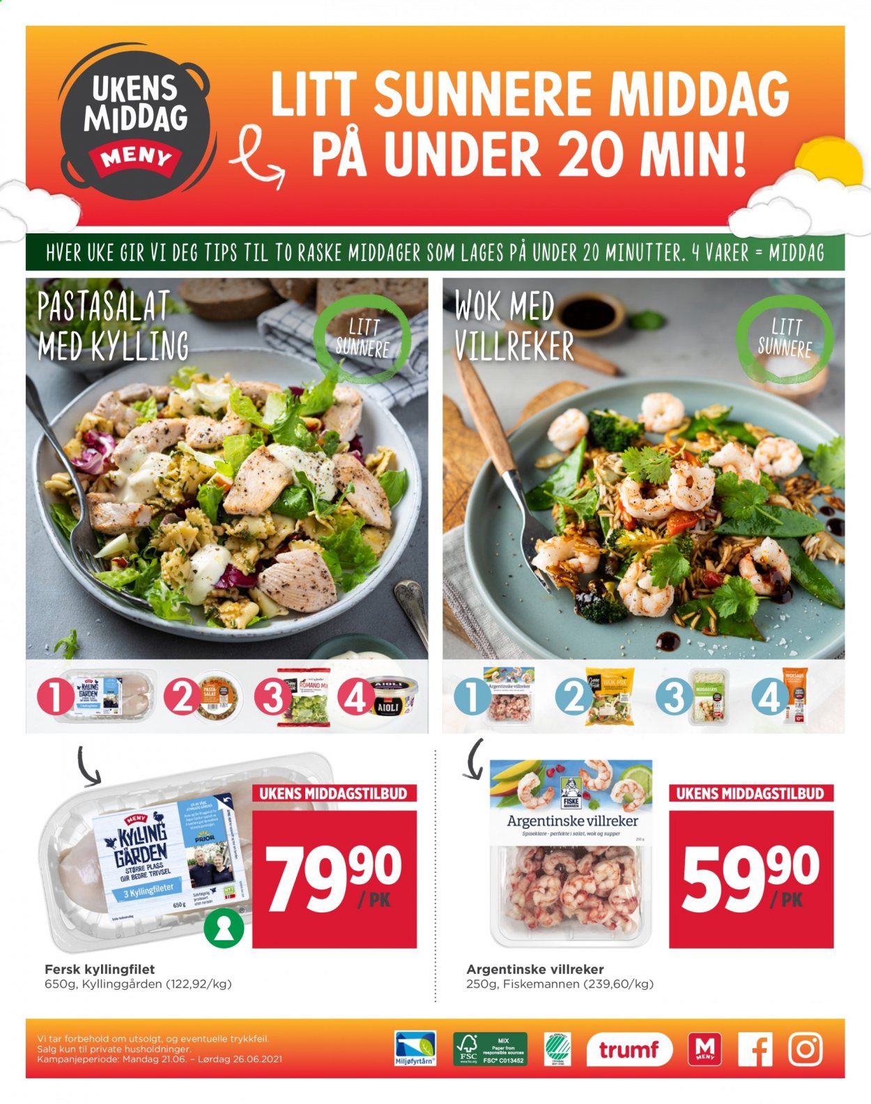 thumbnail - Kundeavis MENY - 21.6.2021 - 26.6.2021 - Produkter fra tilbudsaviser - kyllingfilet, kyllingkjøtt, salat, aioli, middagsris, pasta, Woksaus. Side 4.