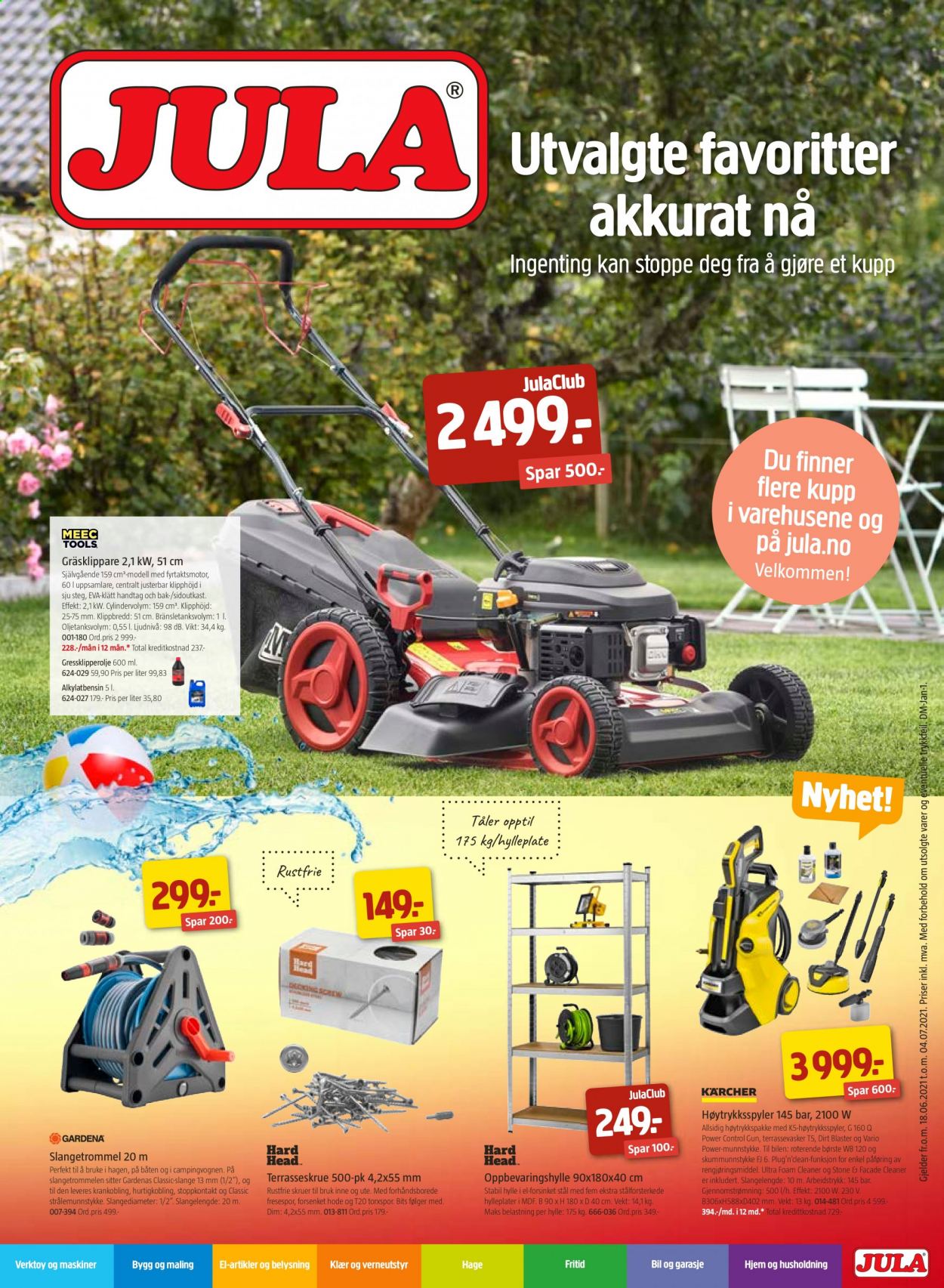 thumbnail - Kundeavis Jula - 18.6.2021 - 4.7.2021 - Produkter fra tilbudsaviser - skruer, verktøy, oppbevaringshylle, slangetrommel. Side 1.