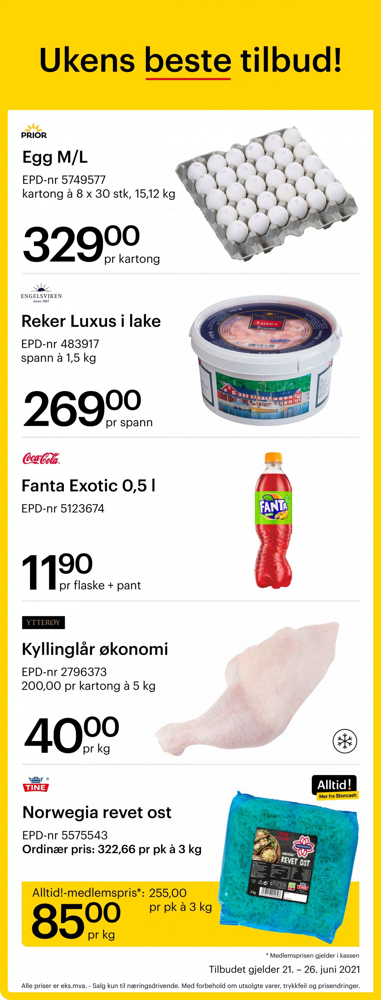 thumbnail - Kundeavis Storcash - 21.6.2021 - 26.6.2021 - Produkter fra tilbudsaviser - kyllinglår, kyllingkjøtt, reker, Norvegia, ost, egg, Fanta, Coca-Cola. Side 1.