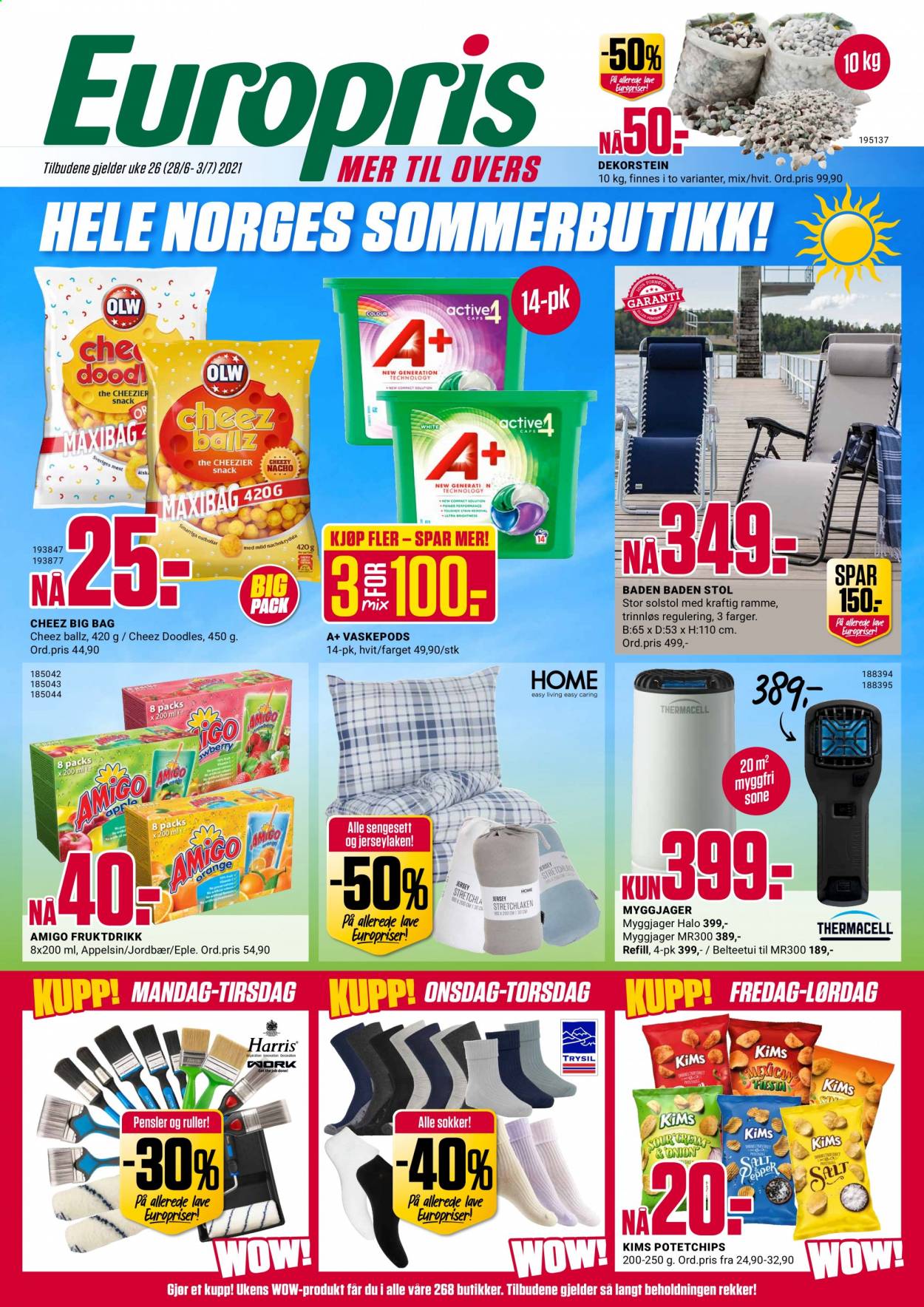 thumbnail - Kundeavis Europris - 28.6.2021 - 3.7.2021 - Produkter fra tilbudsaviser - jordbær, nachochips, potetchips, vaskepods, myggjager, stol, sokker. Side 1.