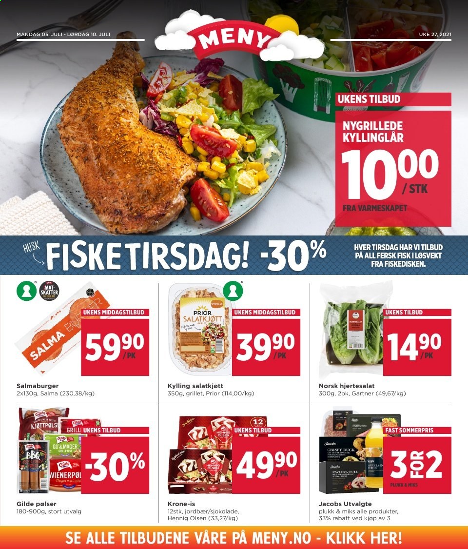 thumbnail - Kundeavis MENY - 5.7.2021 - 10.7.2021 - Produkter fra tilbudsaviser - kyllinglår, kyllingkjøtt, hjertesalat, sjokolade. Side 1.