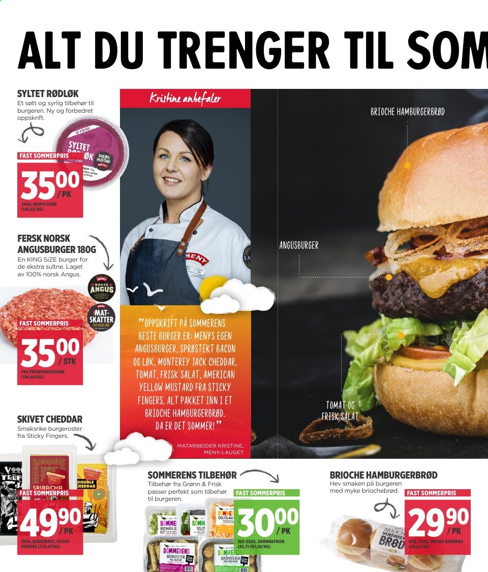 thumbnail - Kundeavis MENY - 5.7.2021 - 10.7.2021 - Produkter fra tilbudsaviser - burger, løk, salat, tomat, coleslaw, hamburgerbrød, burgerbrød, bacon, Cheddar. Side 10.