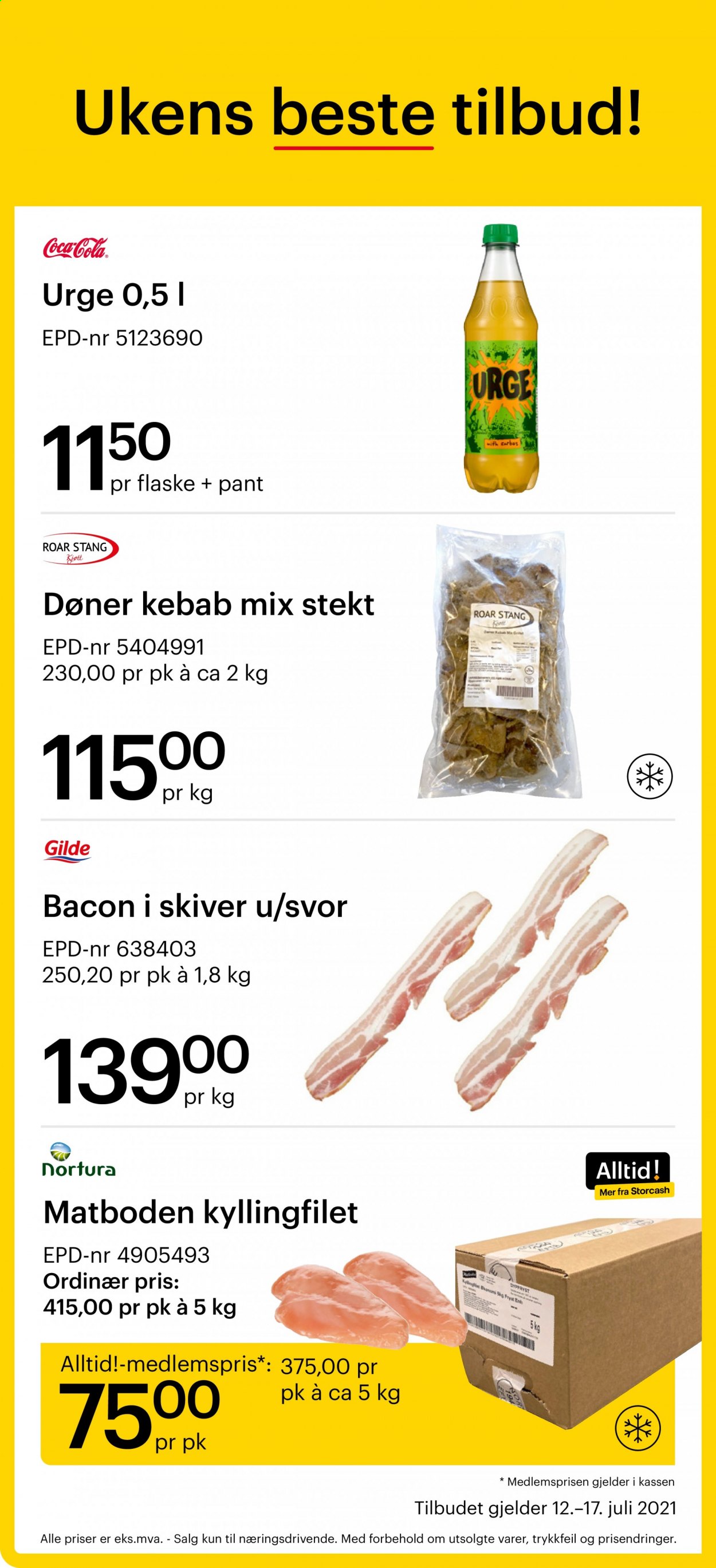 thumbnail - Kundeavis Storcash - 12.7.2021 - 17.7.2021 - Produkter fra tilbudsaviser - kyllingfilet, kyllingkjøtt, kebab, bacon, bacon i skiver, Coca-Cola. Side 1.