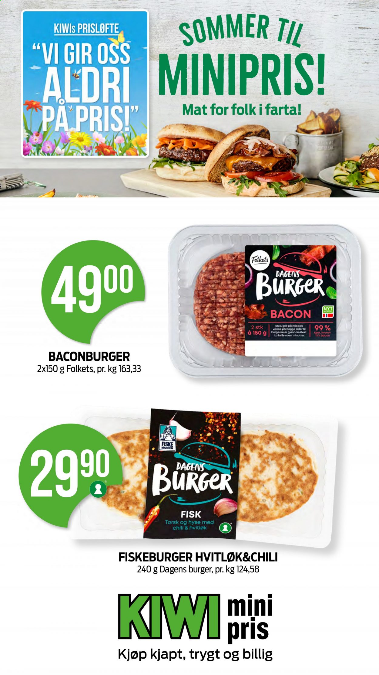 thumbnail - Kundeavis KIWI - 12.7.2021 - 8.8.2021 - Produkter fra tilbudsaviser - burger, baconburger, hvitløk, fisk, bacon. Side 14.