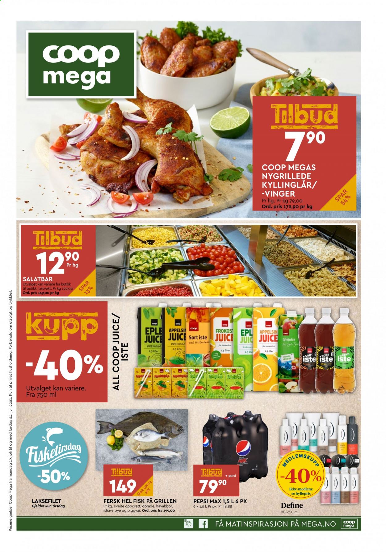 thumbnail - Kundeavis Coop Mega - 19.7.2021 - 24.7.2021 - Produkter fra tilbudsaviser - Define, kyllinglår, kyllingkjøtt, laksefilet, fisk, Pepsi, Pepsi Max. Side 1.