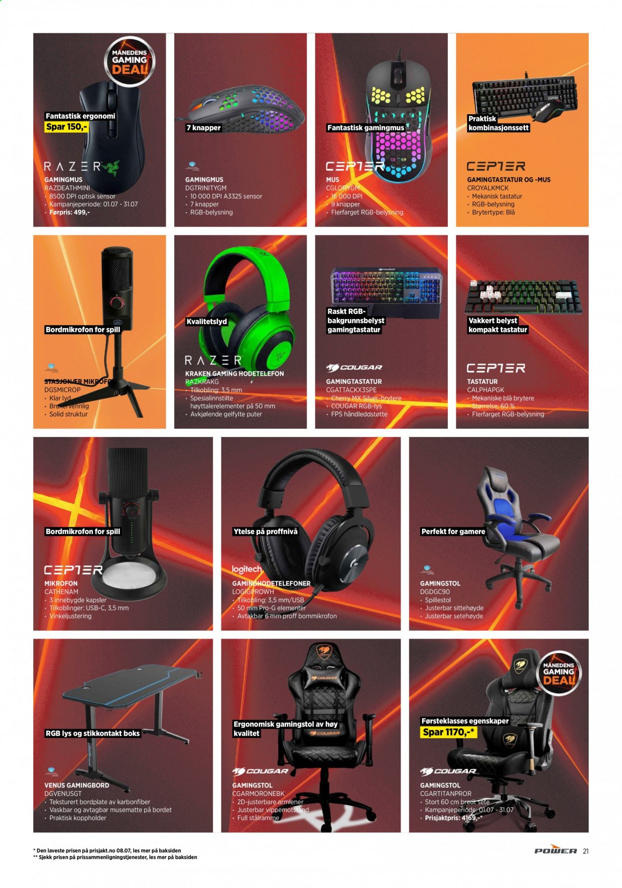 thumbnail - Kundeavis Power - 17.7.2021 - 24.7.2021 - Produkter fra tilbudsaviser - Logitech, gamingmus, gamingtastatur, musematte, Venus, Razer, tastatur, gamingstol, gamingbord, hodetelefon, mikrofon, stikkontakt. Side 21.