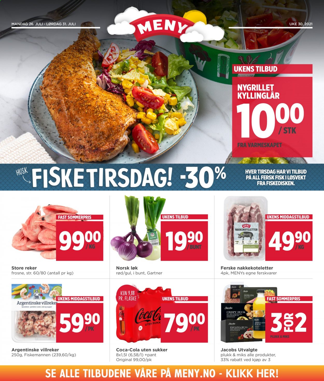thumbnail - Kundeavis MENY - 26.7.2021 - 31.7.2021 - Produkter fra tilbudsaviser - kyllinglår, kyllingkjøtt, nakkekoteletter, løk, reker, fisk, Coca-Cola. Side 2.