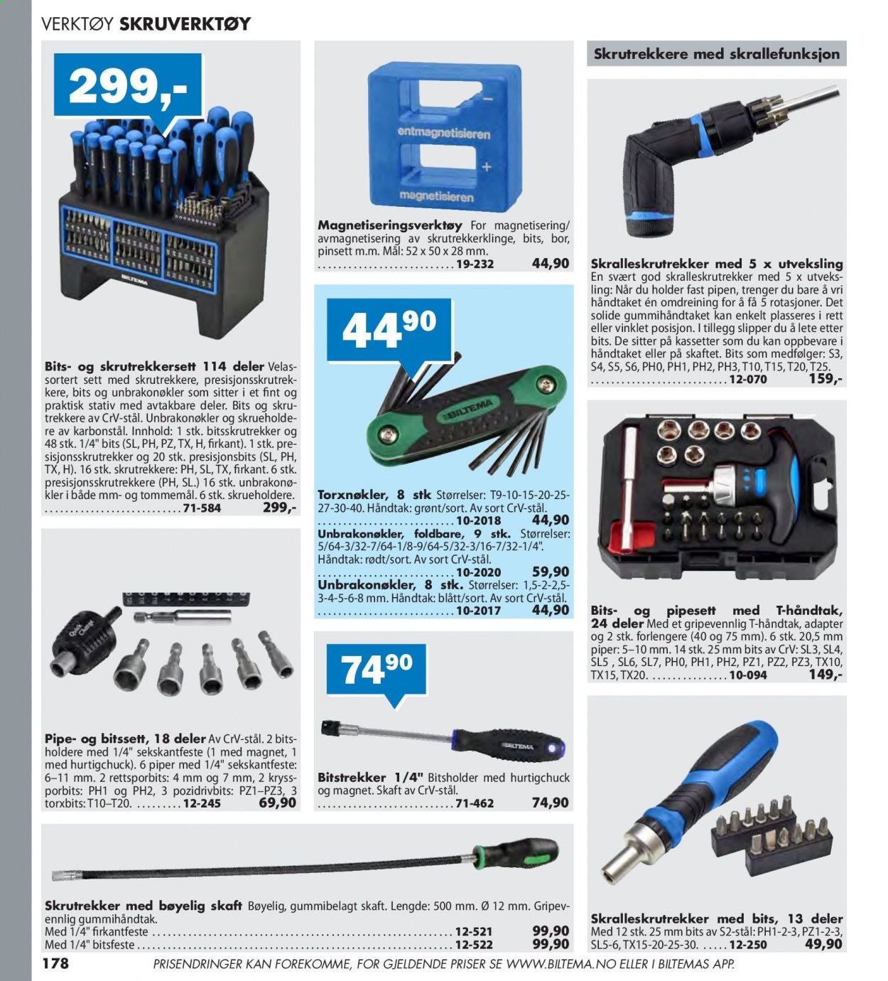 thumbnail - Kundeavis Biltema - Produkter fra tilbudsaviser - pipesett, bitssett, verktøy, skrutrekker, skrutrekkersett. Side 178.