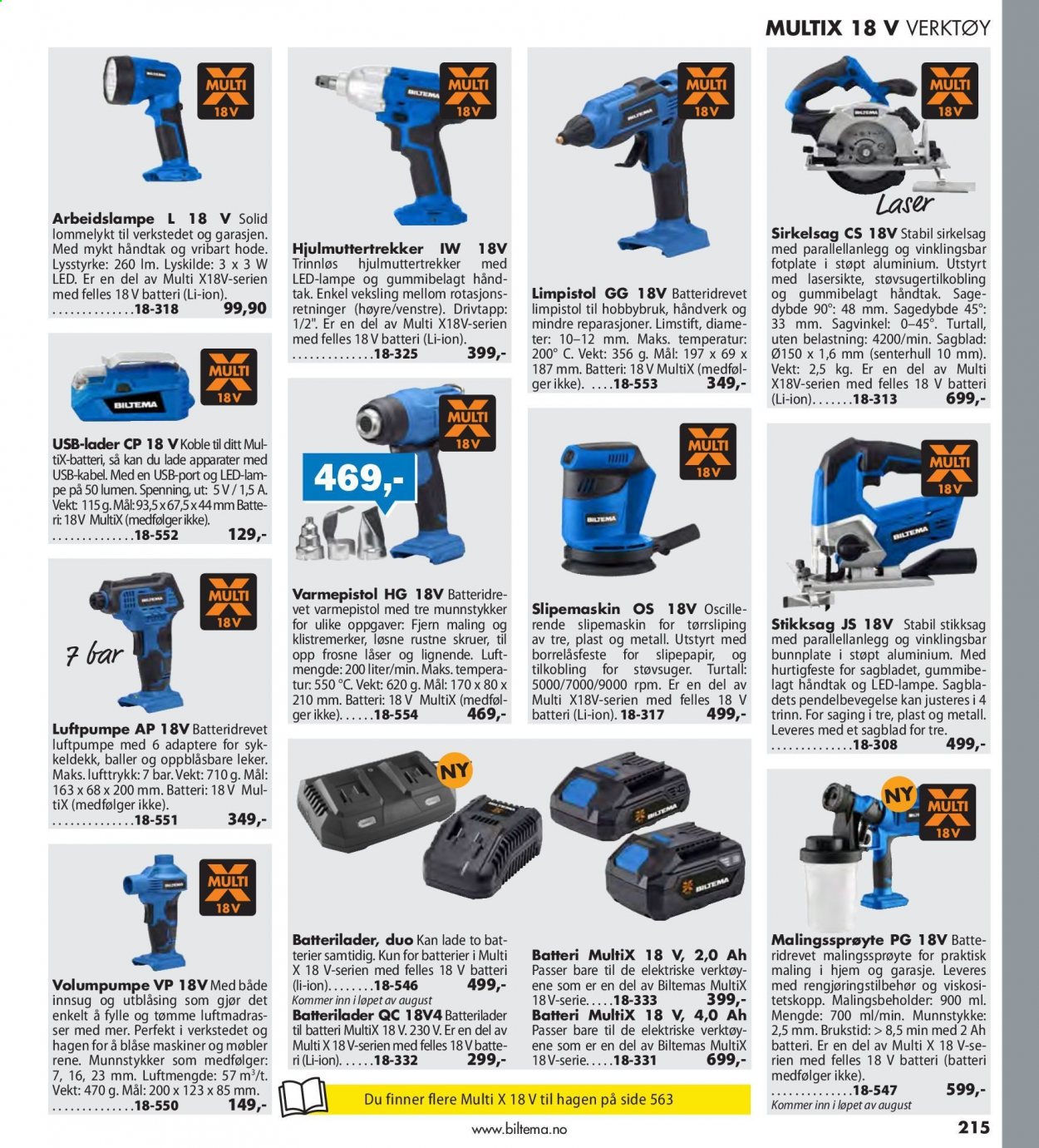thumbnail - Kundeavis Biltema - Produkter fra tilbudsaviser - batterilader, arbeidslampe, lampe, skruer, sirkelsag, verktøy. Side 215.