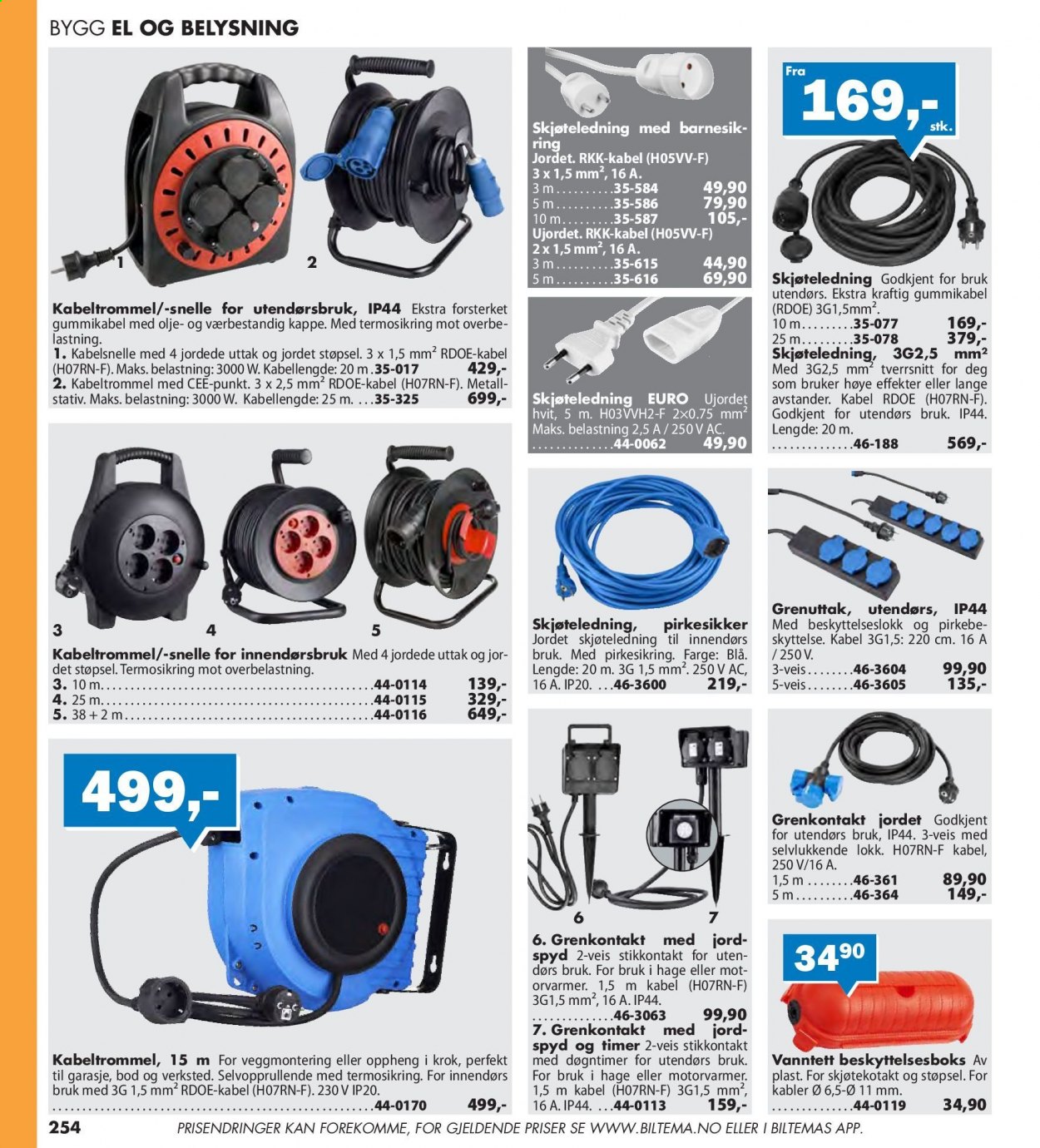 thumbnail - Kundeavis Biltema - Produkter fra tilbudsaviser - stativ, stikkontakt, skjøteledning, kabeltrommel. Side 254.