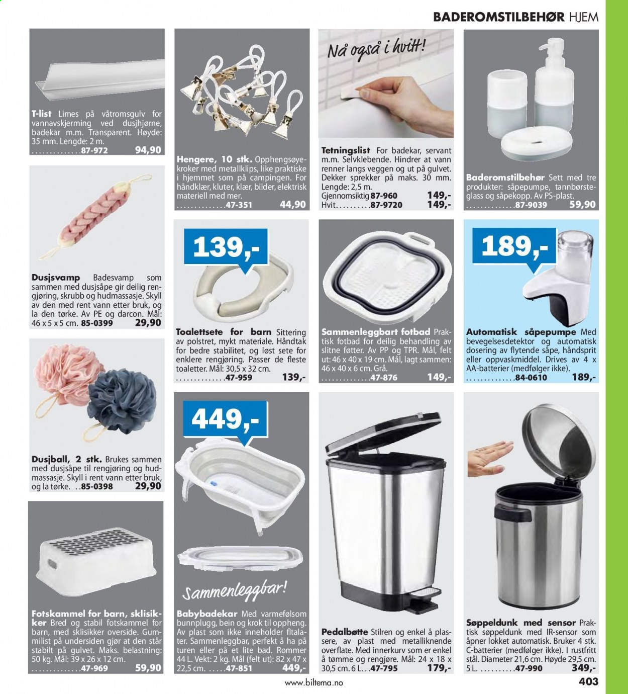 thumbnail - Kundeavis Biltema - Produkter fra tilbudsaviser - selvklebende, toalettsete, dusjhjørne, servant. Side 403.