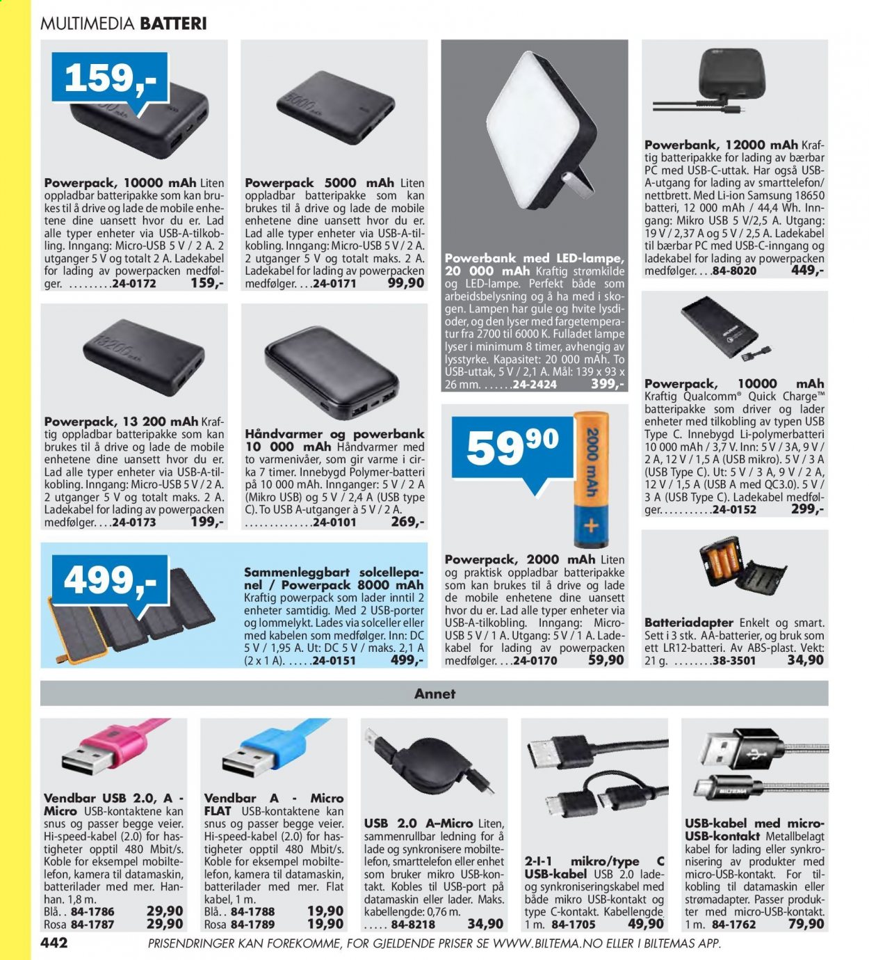 thumbnail - Kundeavis Biltema - Produkter fra tilbudsaviser - powerbank, Samsung, lampe. Side 442.