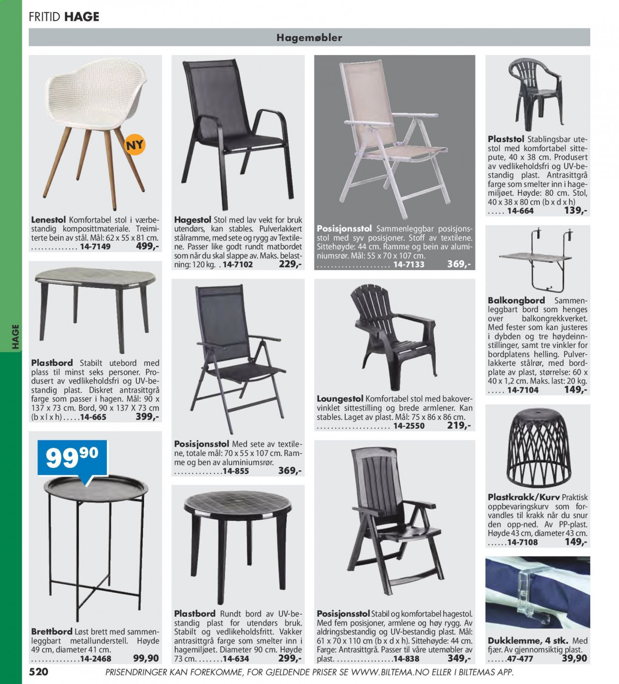 thumbnail - Kundeavis Biltema - Produkter fra tilbudsaviser - kurv, hagemøbler, bord, brettbord, rundt bord, utebord, loungestol, stol. Side 520.