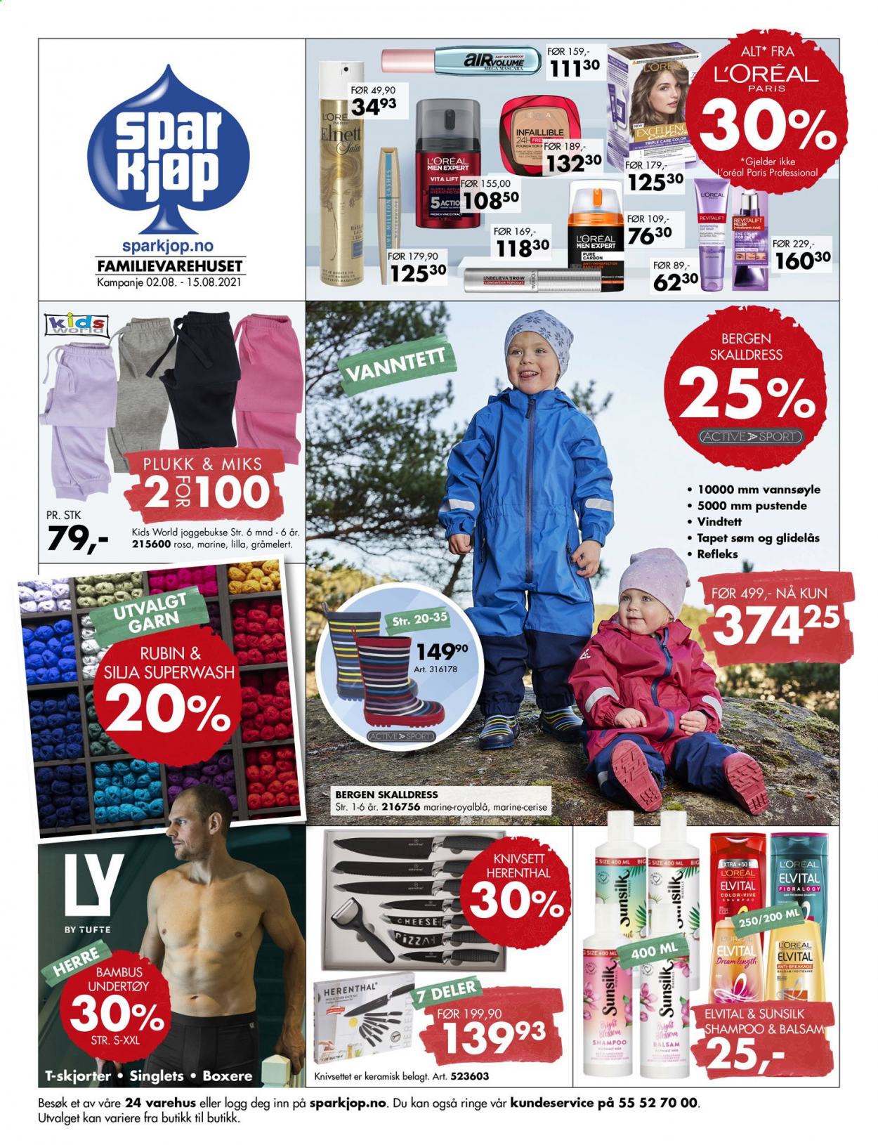 thumbnail - Kundeavis Sparkjøp - 2.8.2021 - 15.8.2021 - Produkter fra tilbudsaviser - L’Oréal, Sunsilk, Elvital, shampoo, garn, undertøy, joggebukse. Side 1.