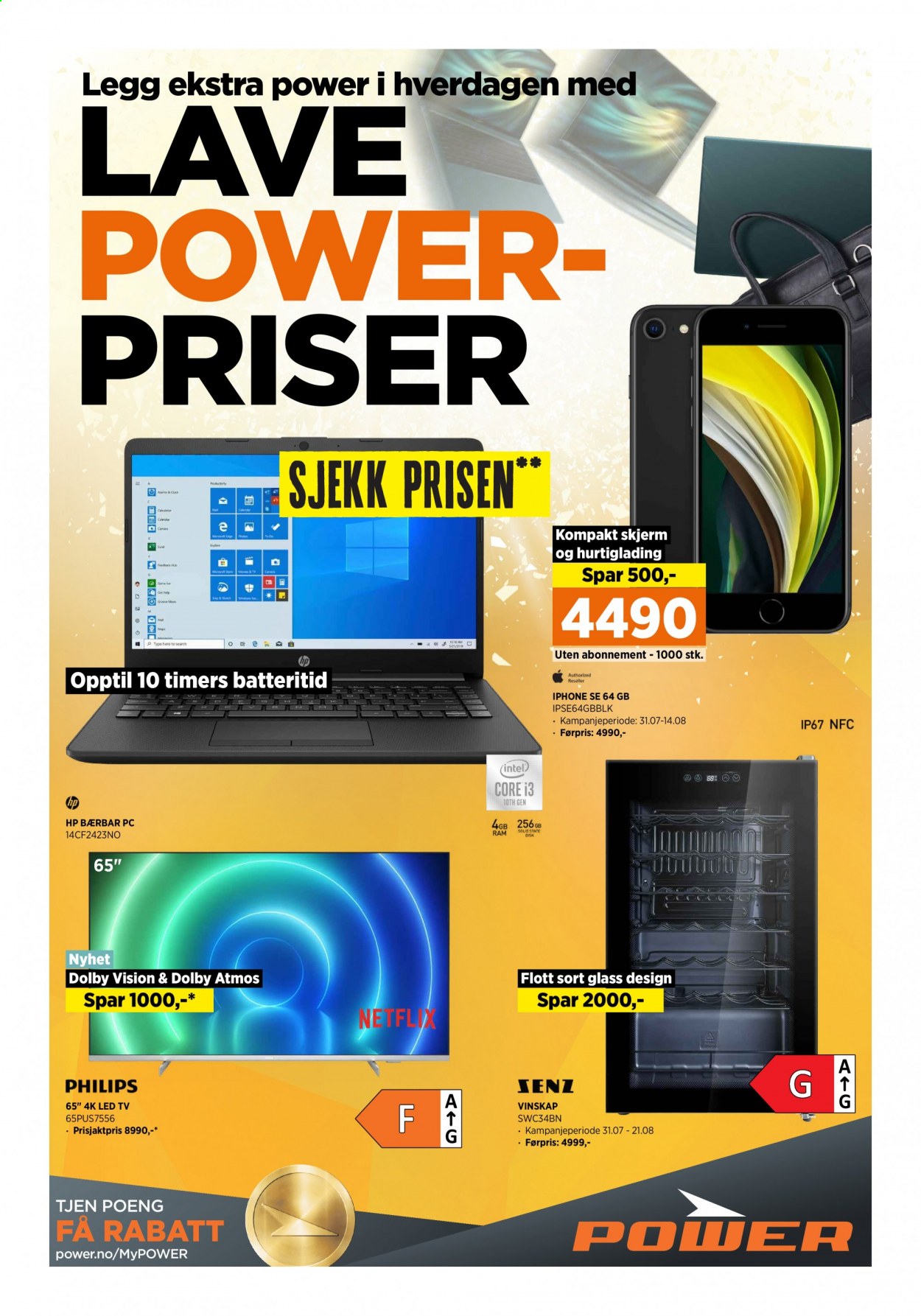 thumbnail - Kundeavis Power - 7.8.2021 - 14.8.2021 - Produkter fra tilbudsaviser - Philips, LED TV, iPhone, iPhone SE, HP, laptop, skjerm, vinskap. Side 1.